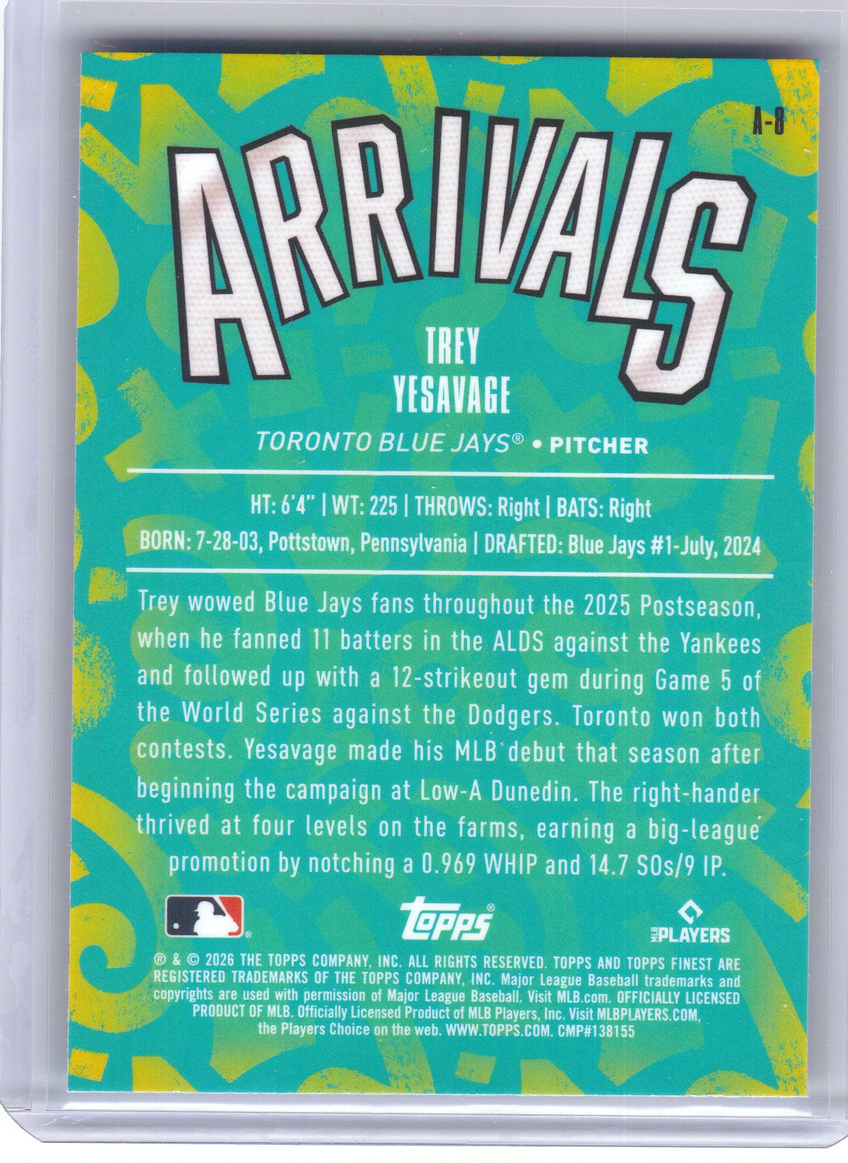 2026 Finest #A-8 Trey Yesavage Arrivals Toronto Blue Jays