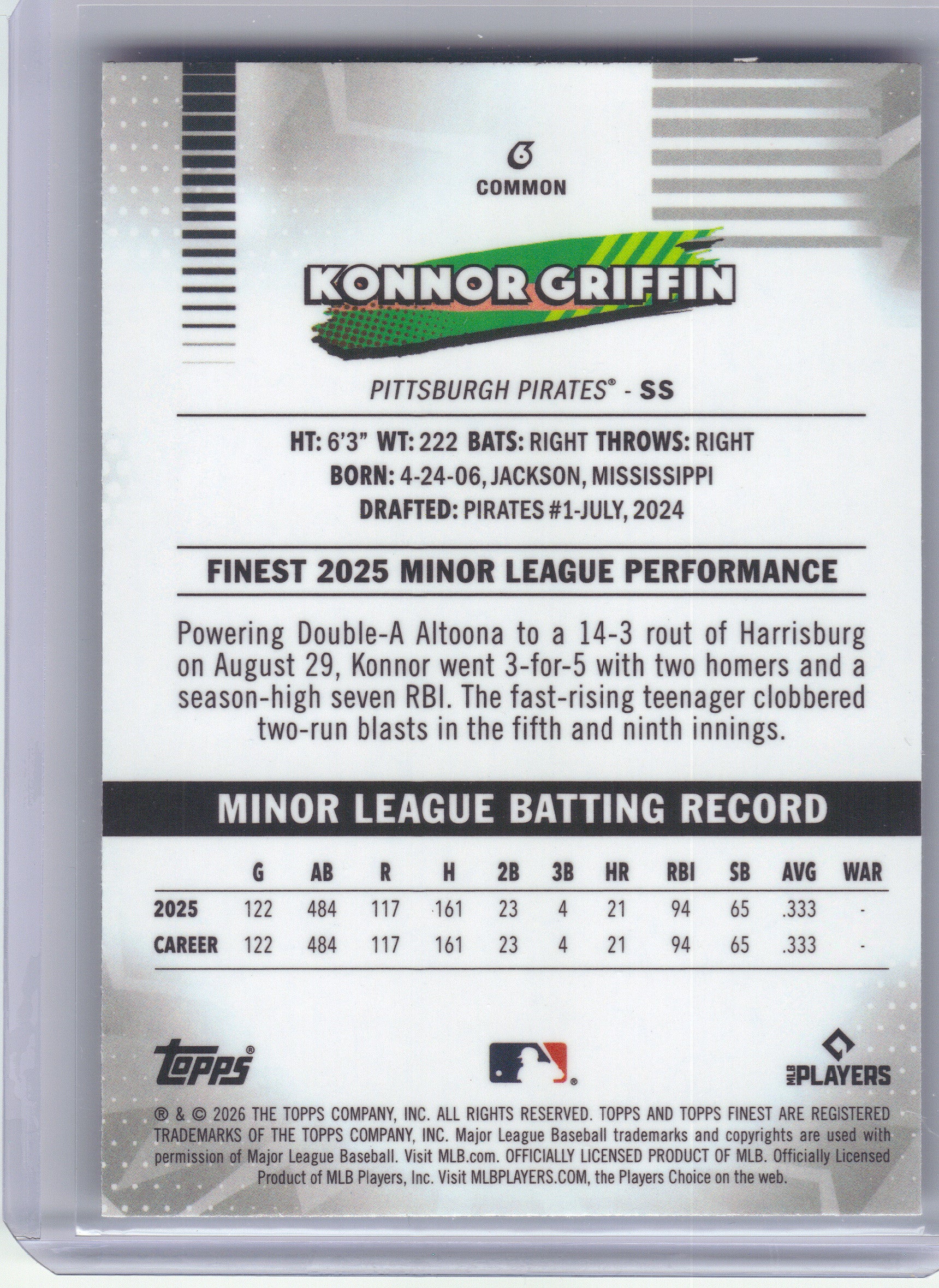 2026 Finest #6 Konnor Griffin Pittsburgh Pirates Rookie
