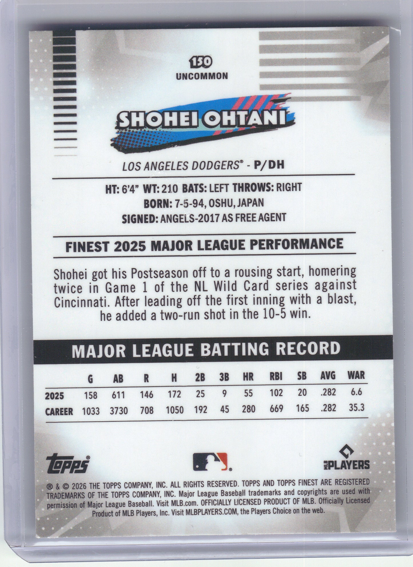 2026 Finest #150 Shohei Ohtani Los Angeles Dodgers