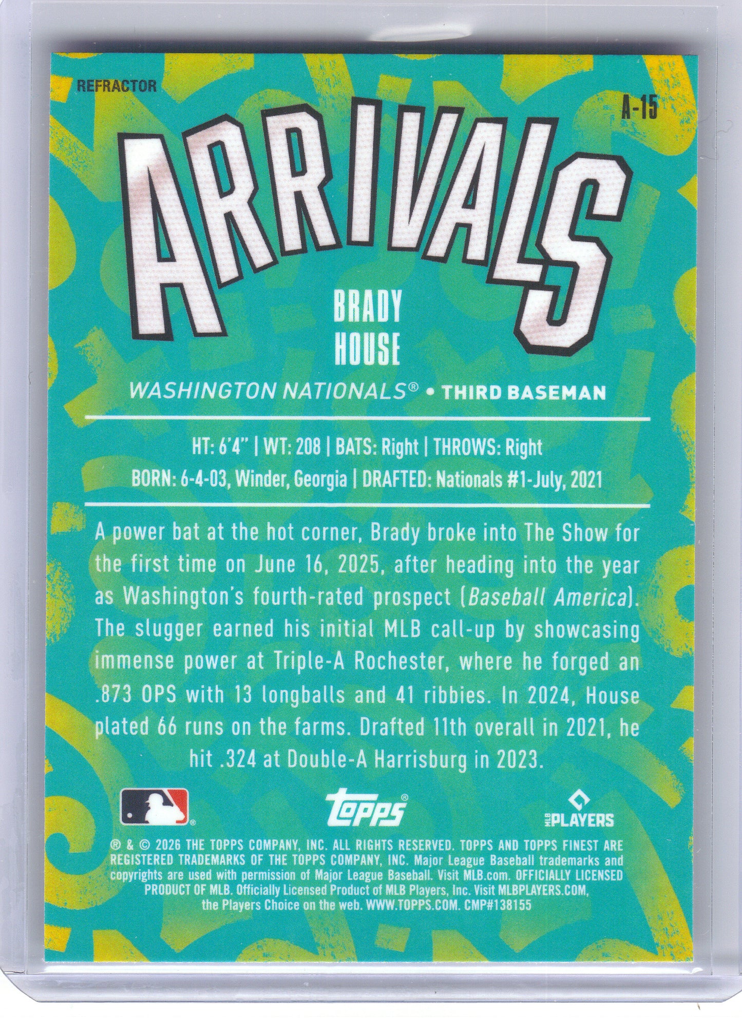2026 Finest #A-15 Brady House Arrivals Washington Nationals