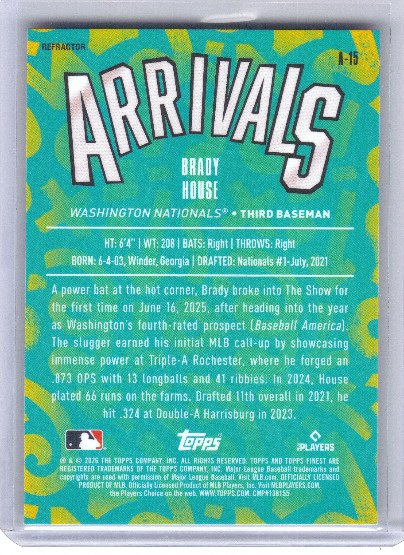 2026 Finest #A-15 Brady House Arrivals Washington Nationals