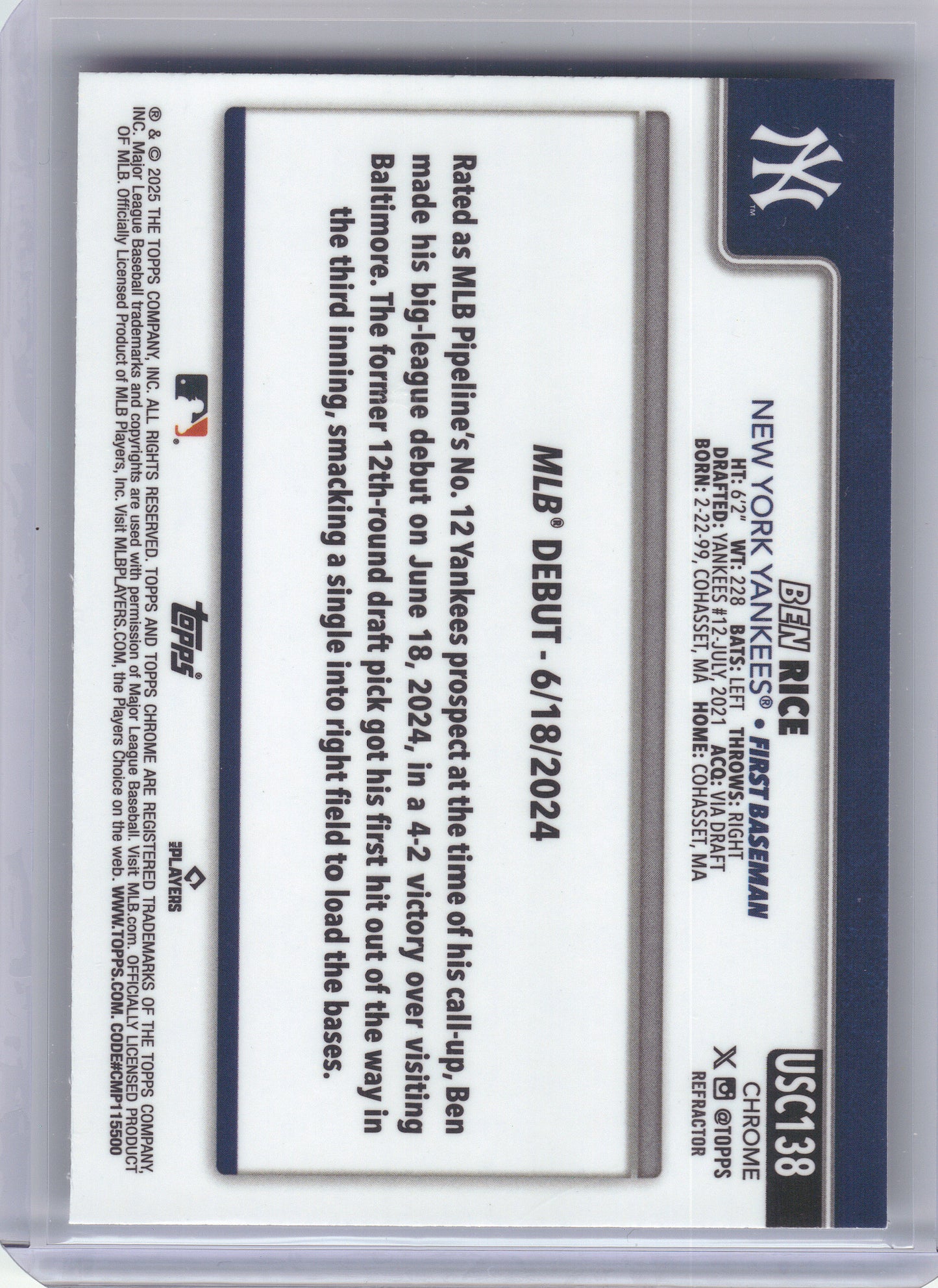 2025 Topps Chrome Update #USC138 Ben Rice Refractors New York Yankees