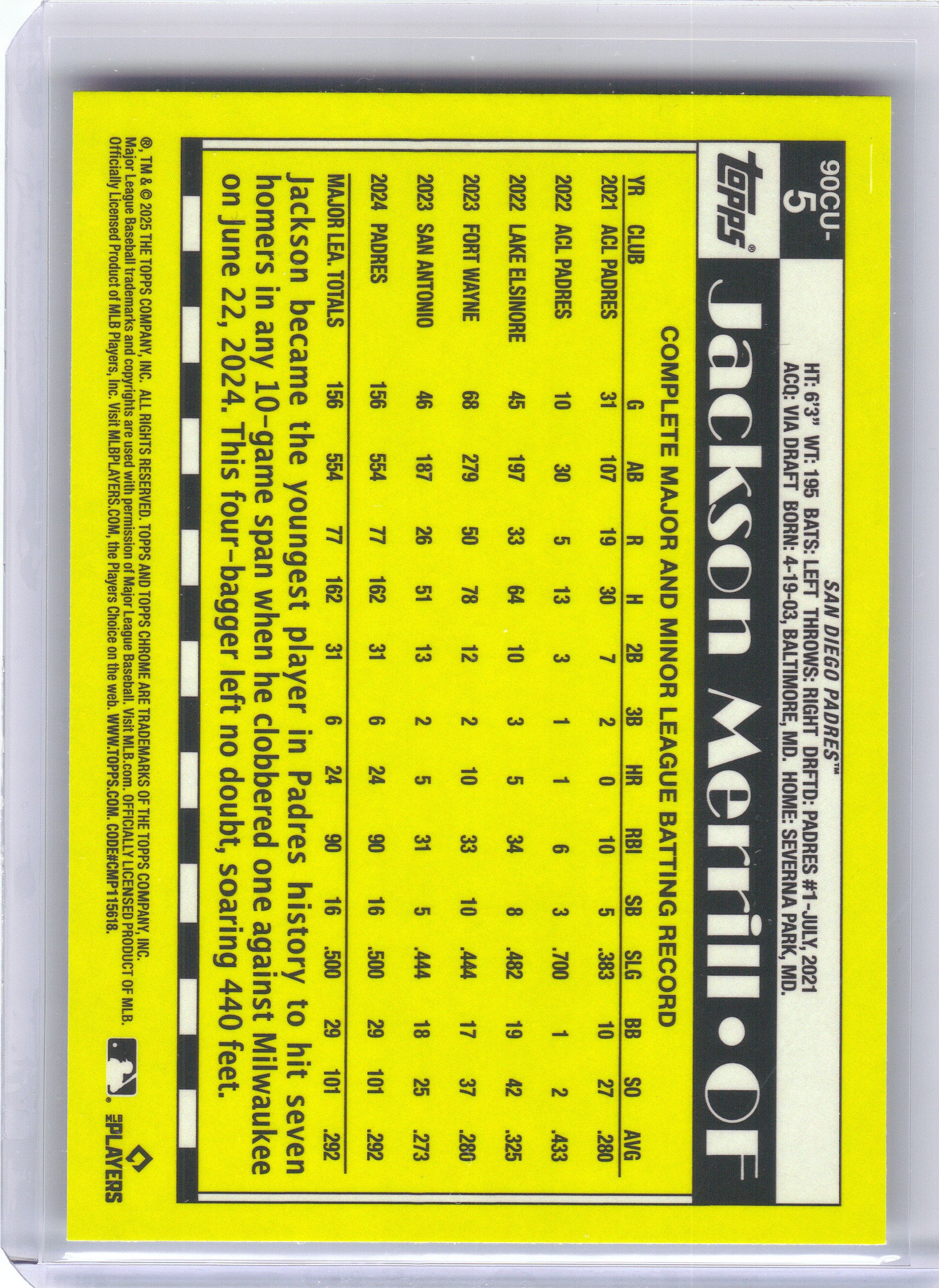 2025 Topps Chrome Update #90CU-5 Jackson Merrill 1990 Topps Chrome San Diego Padres