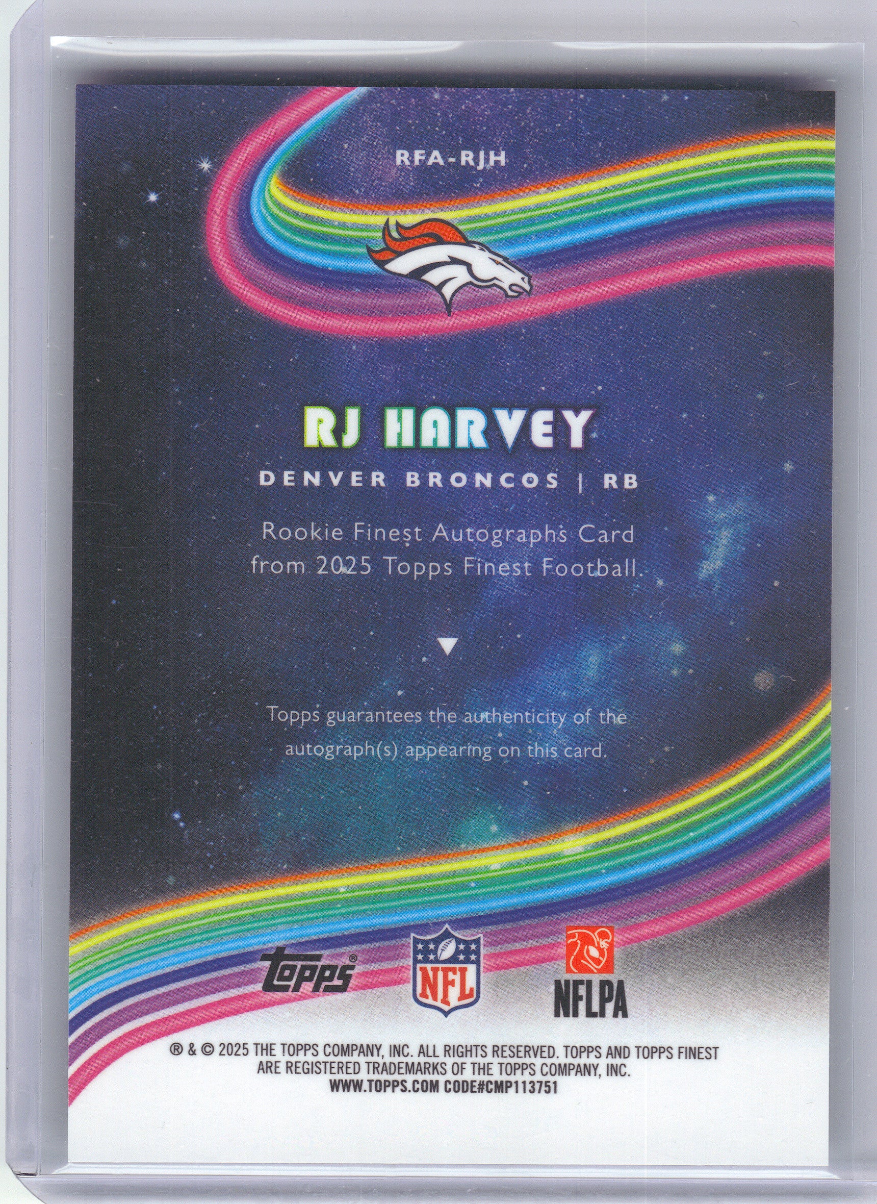 2025 Finest #RFA-RJH RJ Harvey Rookie Finest Autographs Denver Broncos Auto