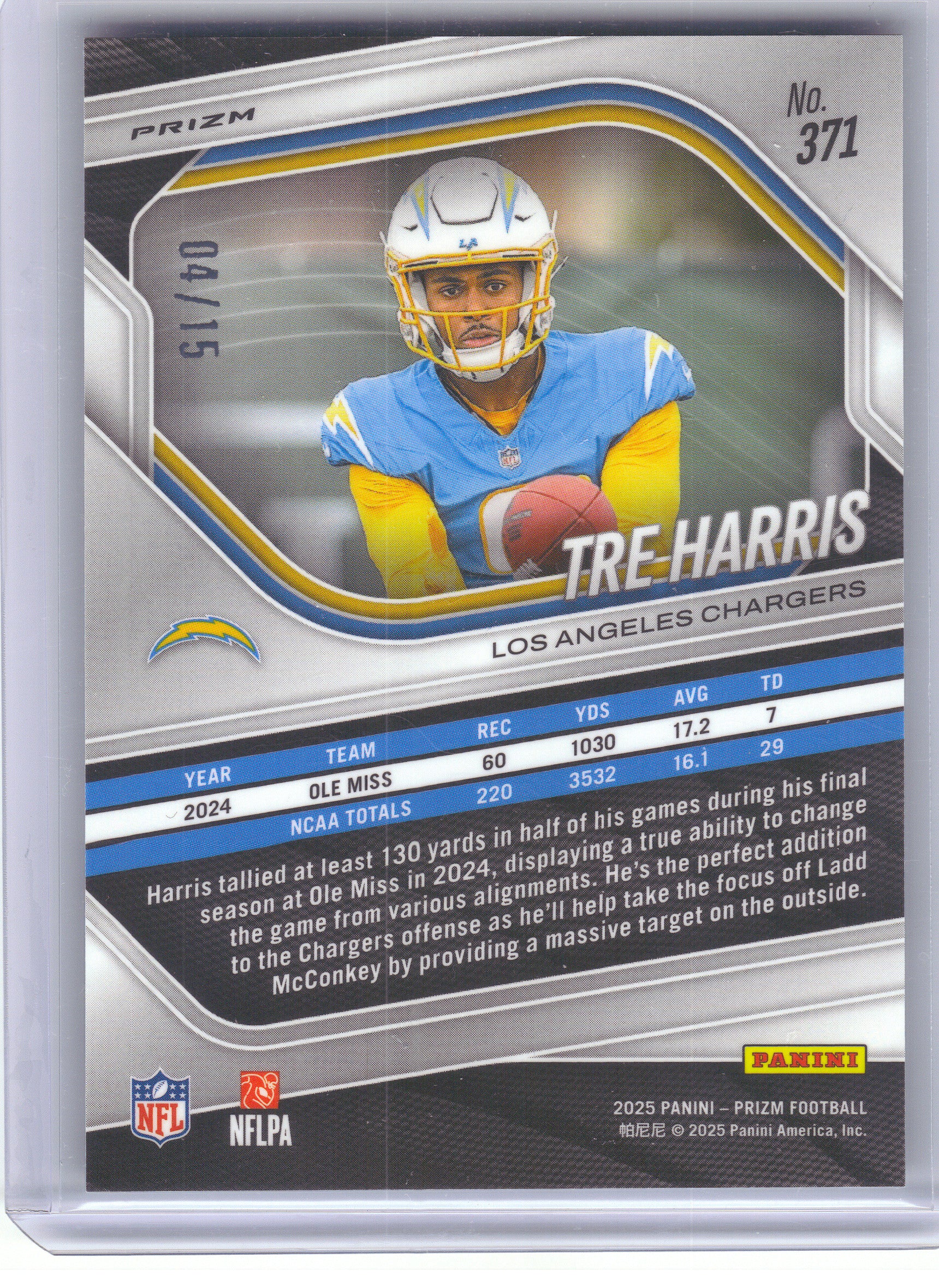 2025 Panini Prizm #371 Tre Harris Choice Cherry Blossom #/15 Los Angeles Chargers SN