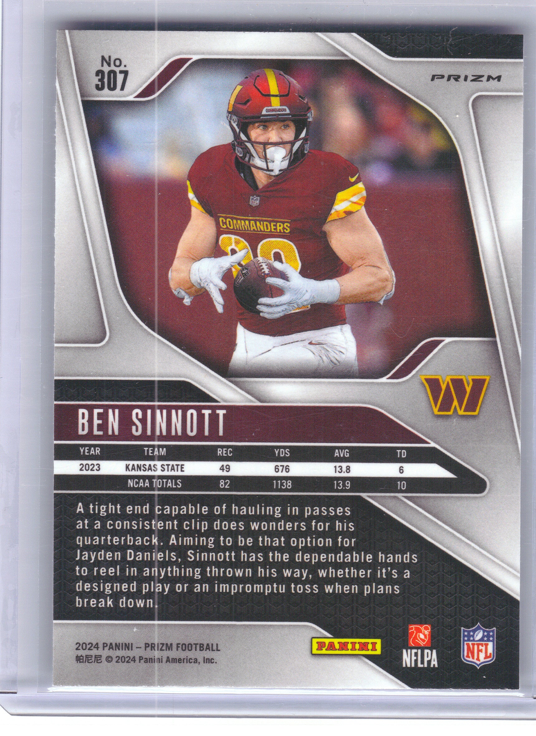 2024 Panini Prizm #307 Ben Sinnott Silver Washington Commanders Rookie
