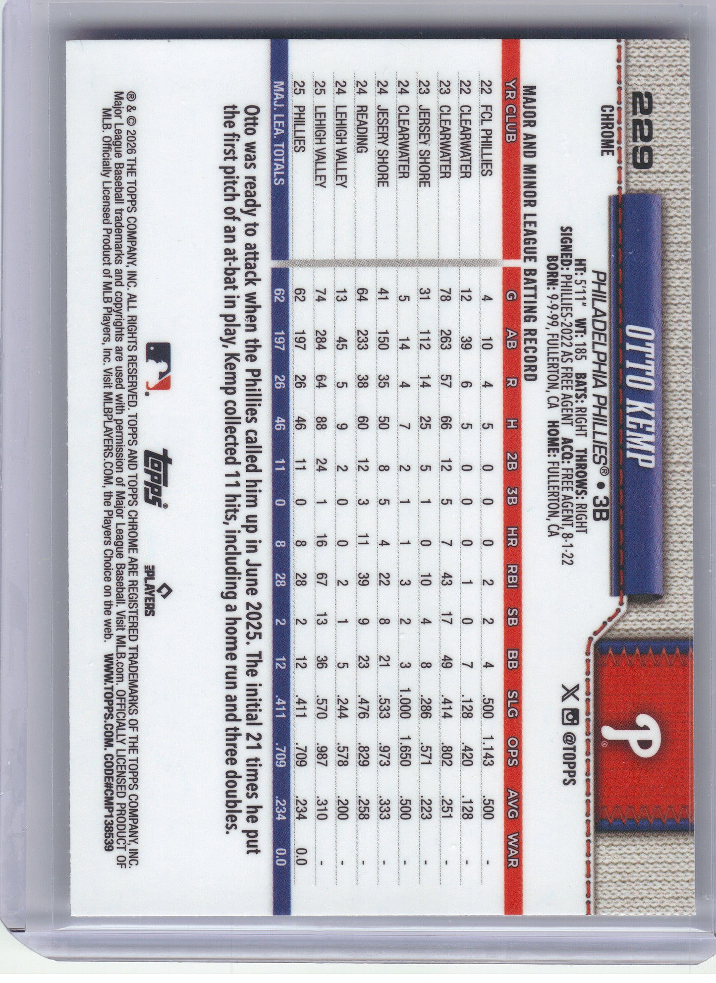 2026 Topps #187 Otto Kemp Philadelphia Phillies Rookie