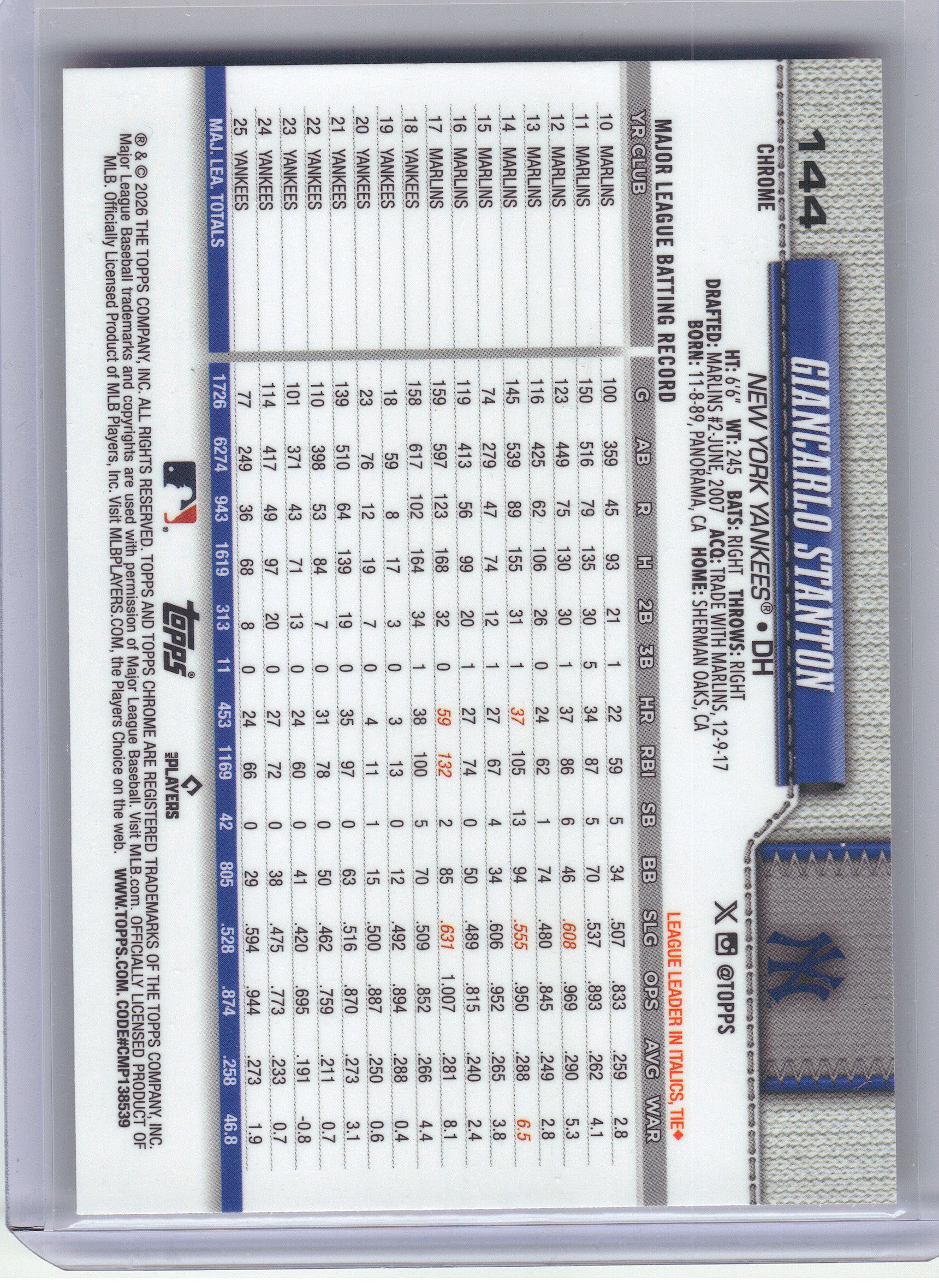 2026 Topps Chrome #144 Giancarlo Stanton Baseball Seams Refractors New York Yankees