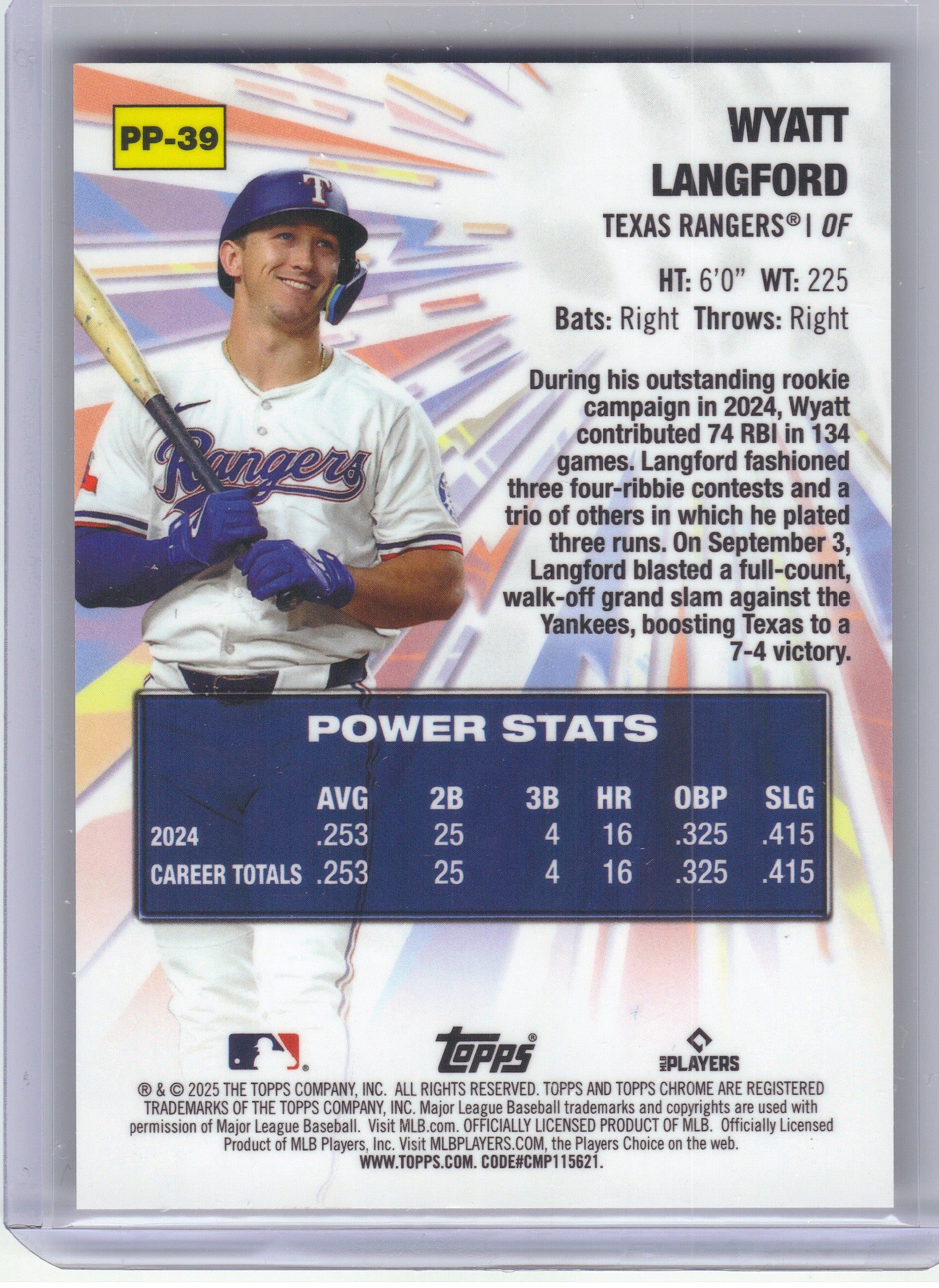 2025 Topps Chrome Update #PP-39 Wyatt Langford Power Players Orange Refractors #/25 Texas Rangers SN