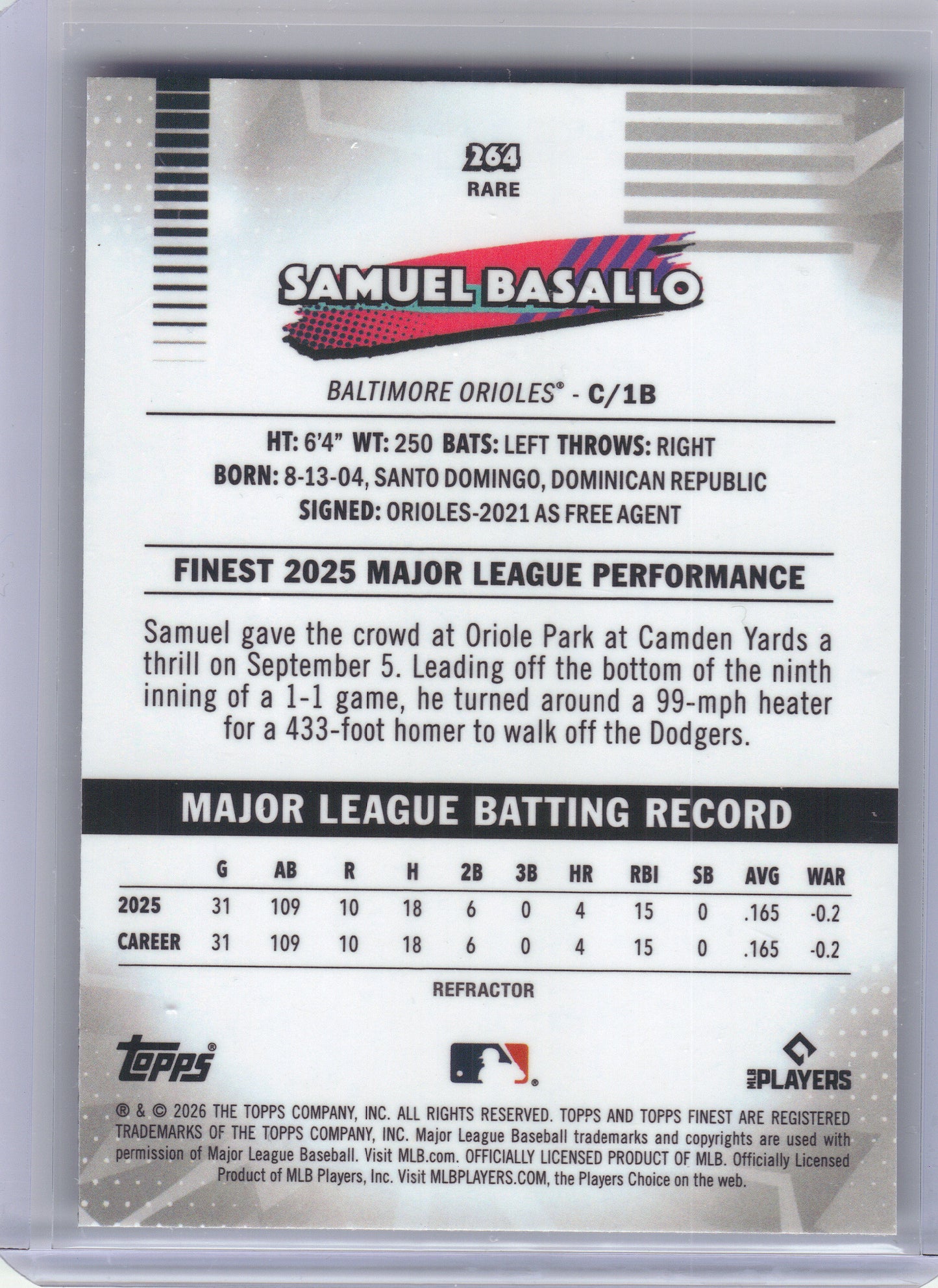 2026 Finest #264 Samuel Basallo refractor Baltimore Orioles Rookie
