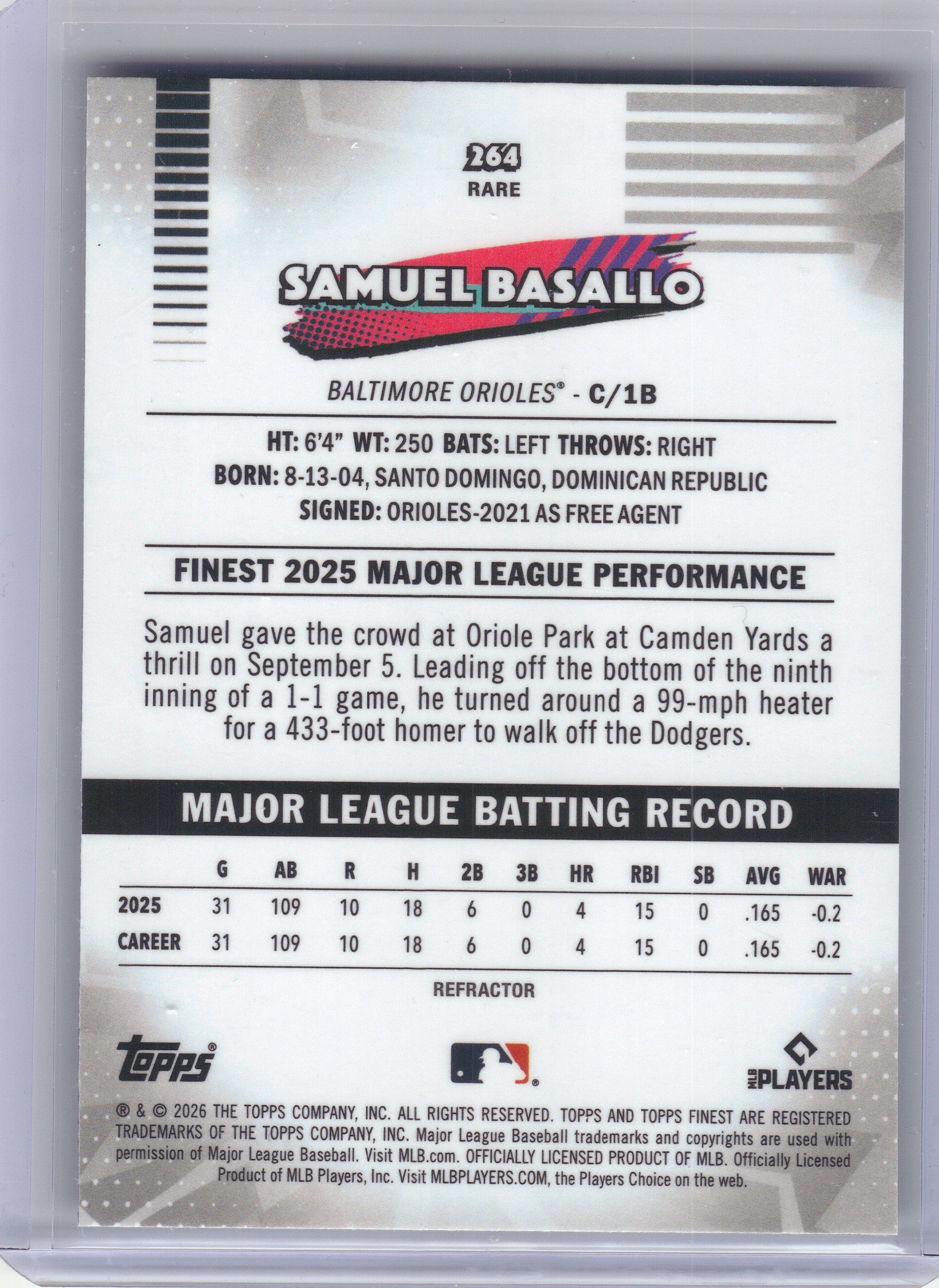 2026 Finest #264 Samuel Basallo refractor Baltimore Orioles Rookie