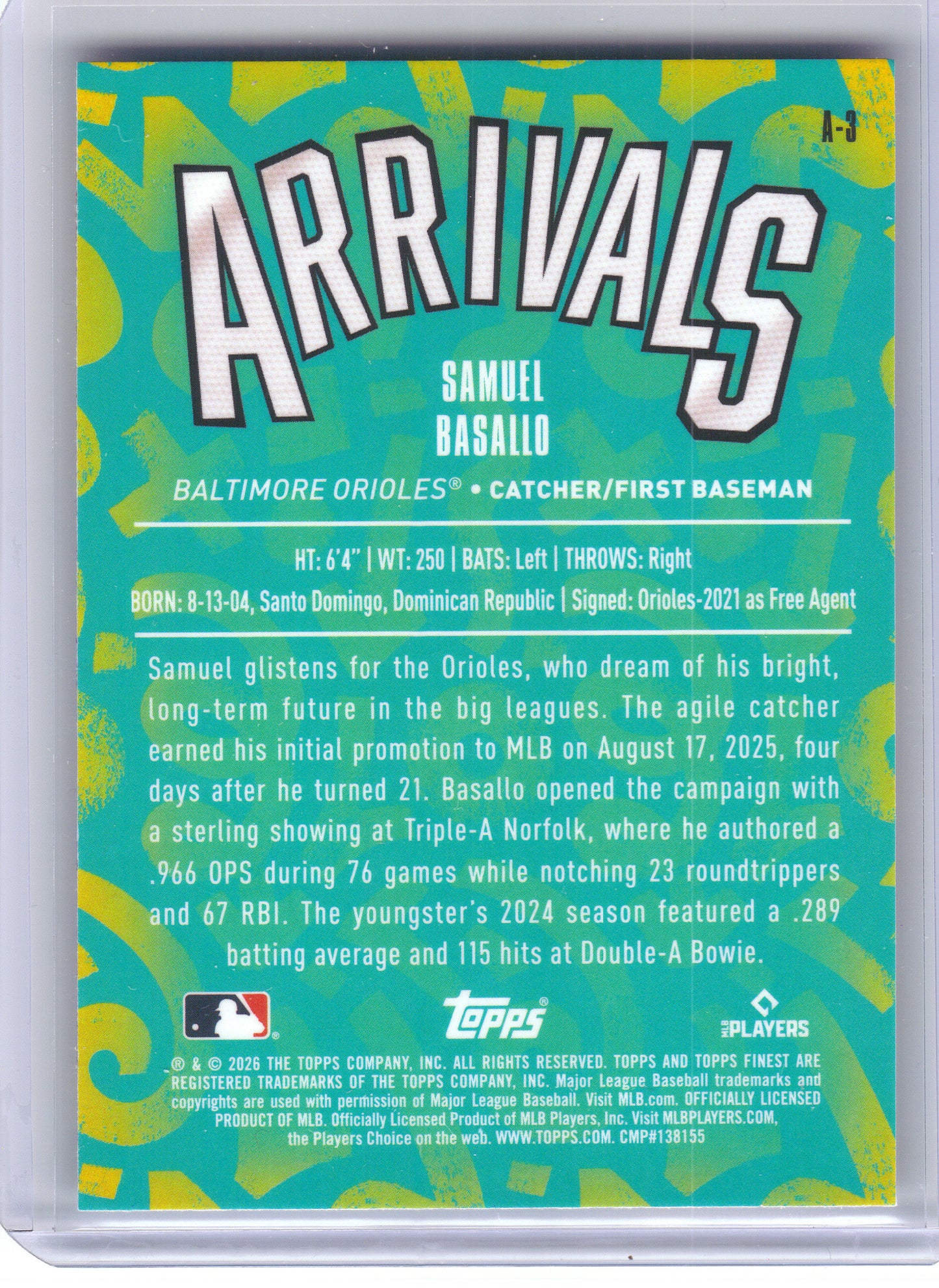 2026 Finest #A-3 Samuel Basallo Arrivals Baltimore Orioles