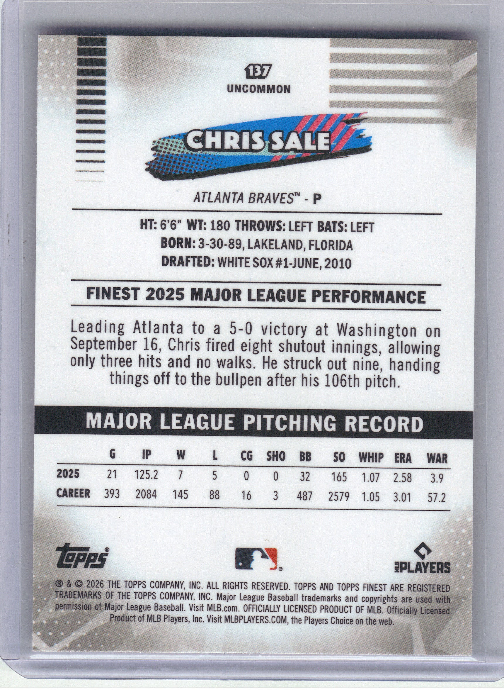 2026 Finest #137 Chris Sale Pink Mini-Diamond Refractors #/250 Atlanta Braves SN