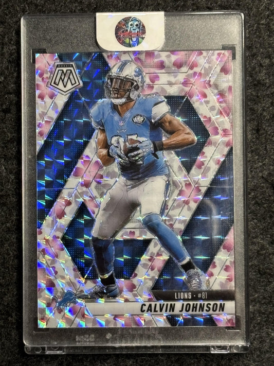 2025 Panini Mosaic #90 Calvin Johnson Mosaic Choice Cherry Blossom SSP Detroit Lions SN