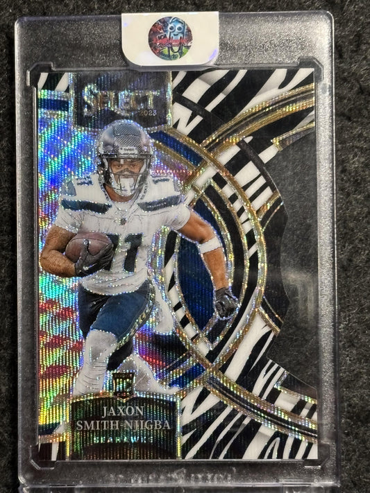 2023 Panini Select #174 Jaxon Smith-Njigba Zebra Prizms Die Cuts SSP Seattle Seahawks Rookie
