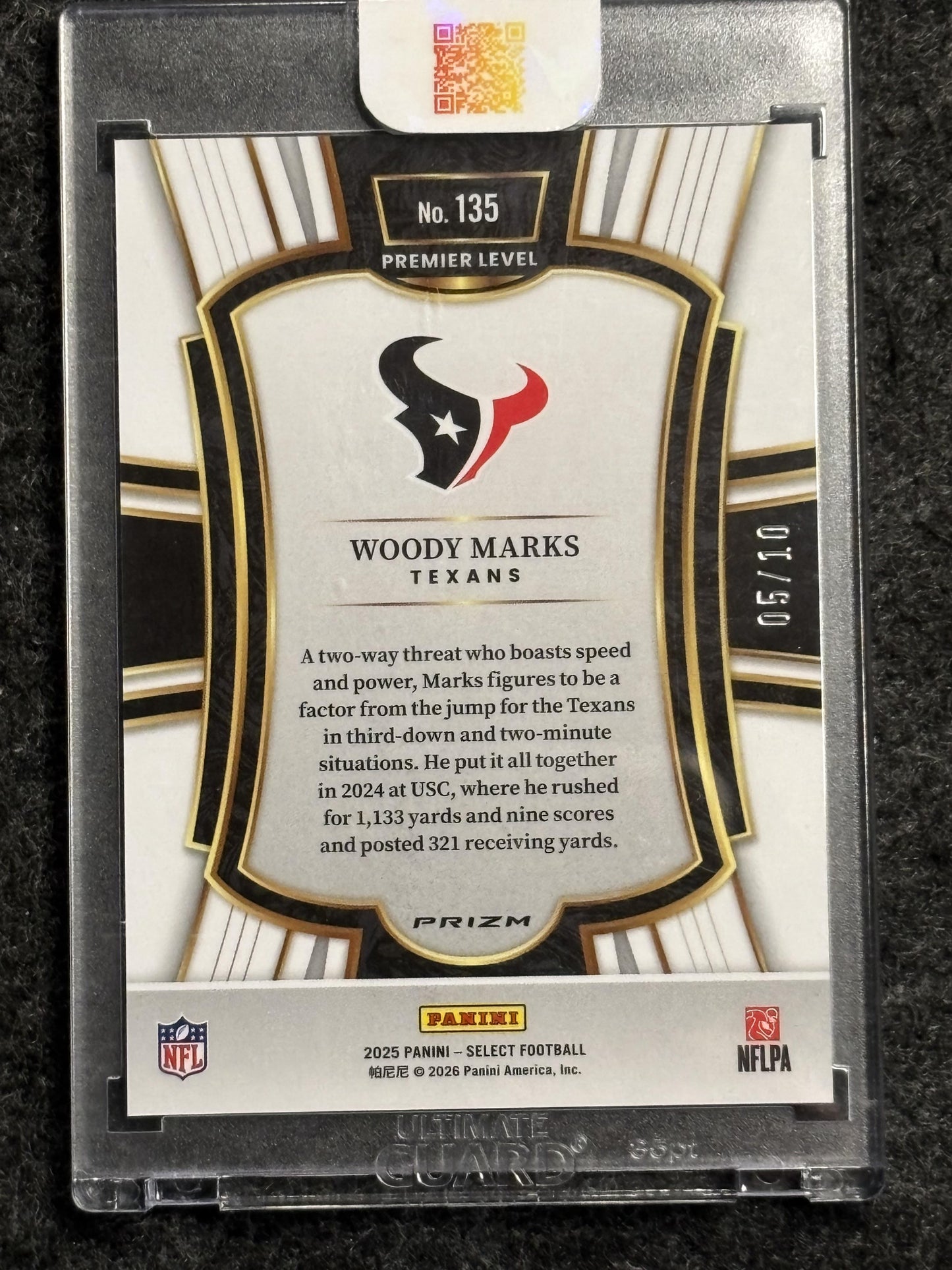 2025 Panini Select #135 Woody Marks Gold Prizm #/10 Houston Texans SN
