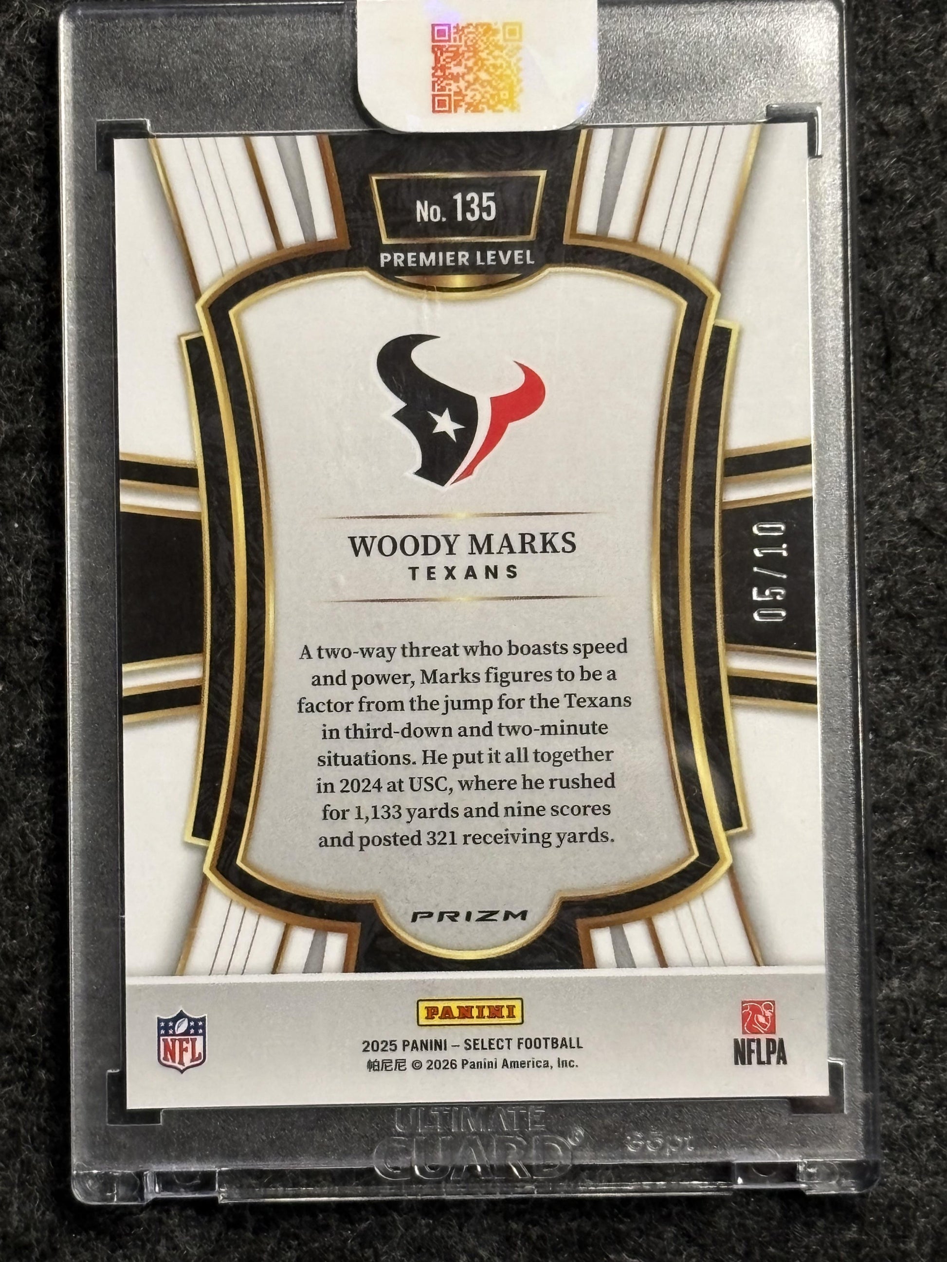 2025 Panini Select #135 Woody Marks Gold Prizm #/10 Houston Texans SN