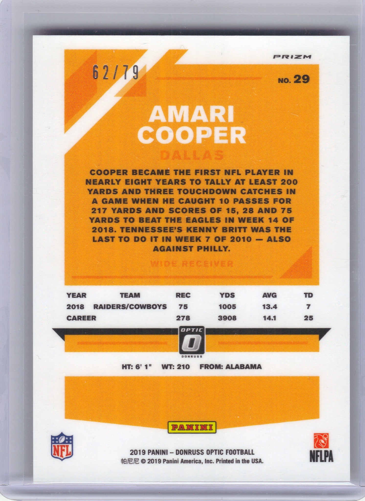 2019 Donruss Optic #29 Amari Cooper Orange Scope #/79 Dallas Cowboys SN