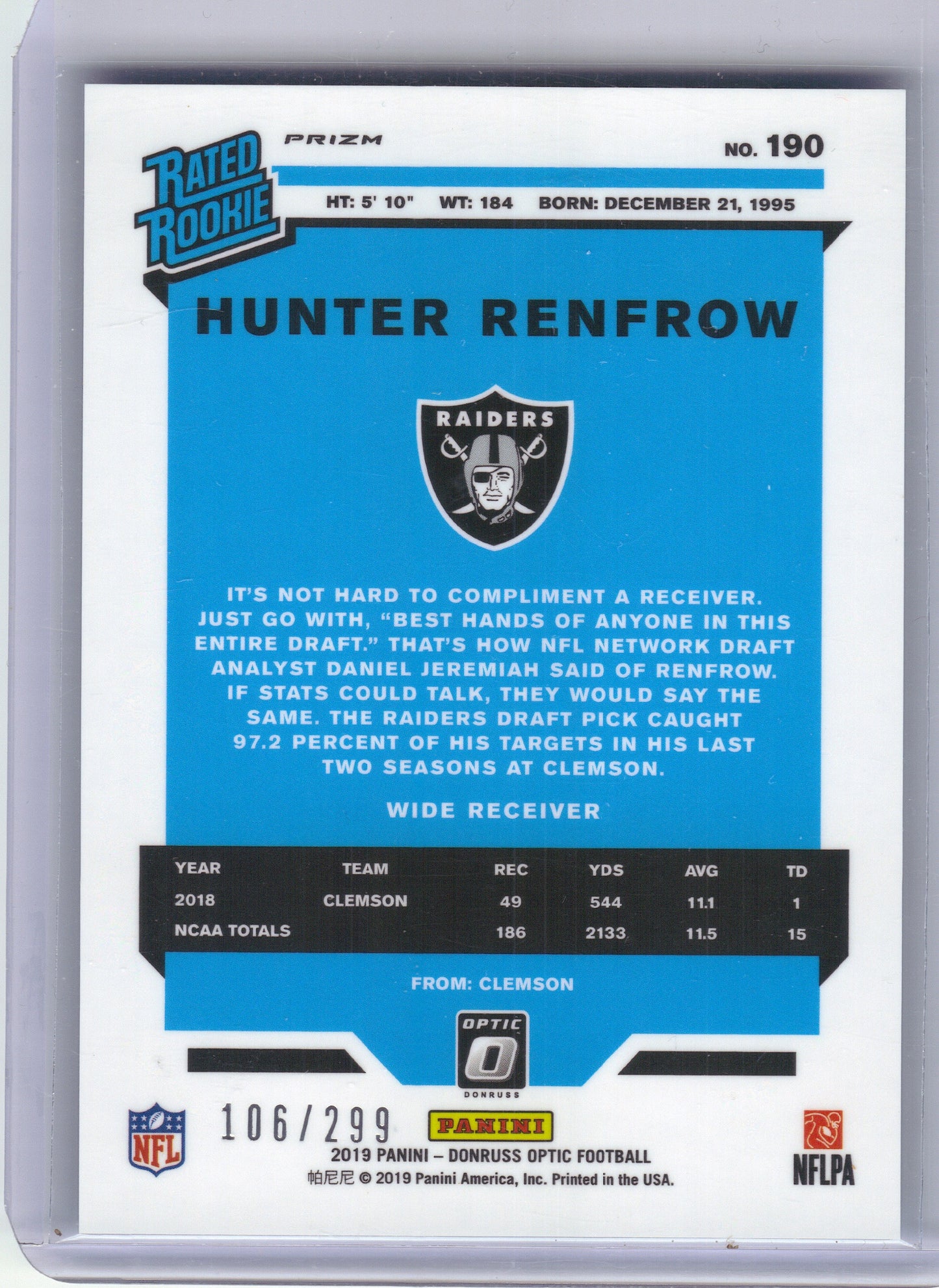 2019 Donruss Optic #190 Hunter Renfrow Aqua #/299 Oakland Raiders SN, Rookie