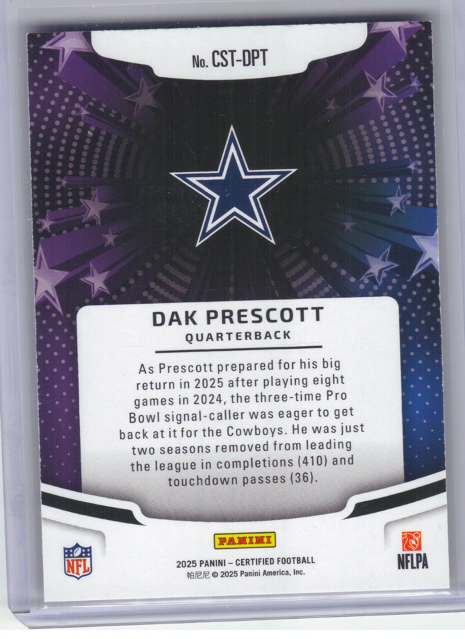 2025 Panini Certified #CST-DPT Dak Prescott Certified Stars Mirror Orange #/149 Dallas Cowboys SN