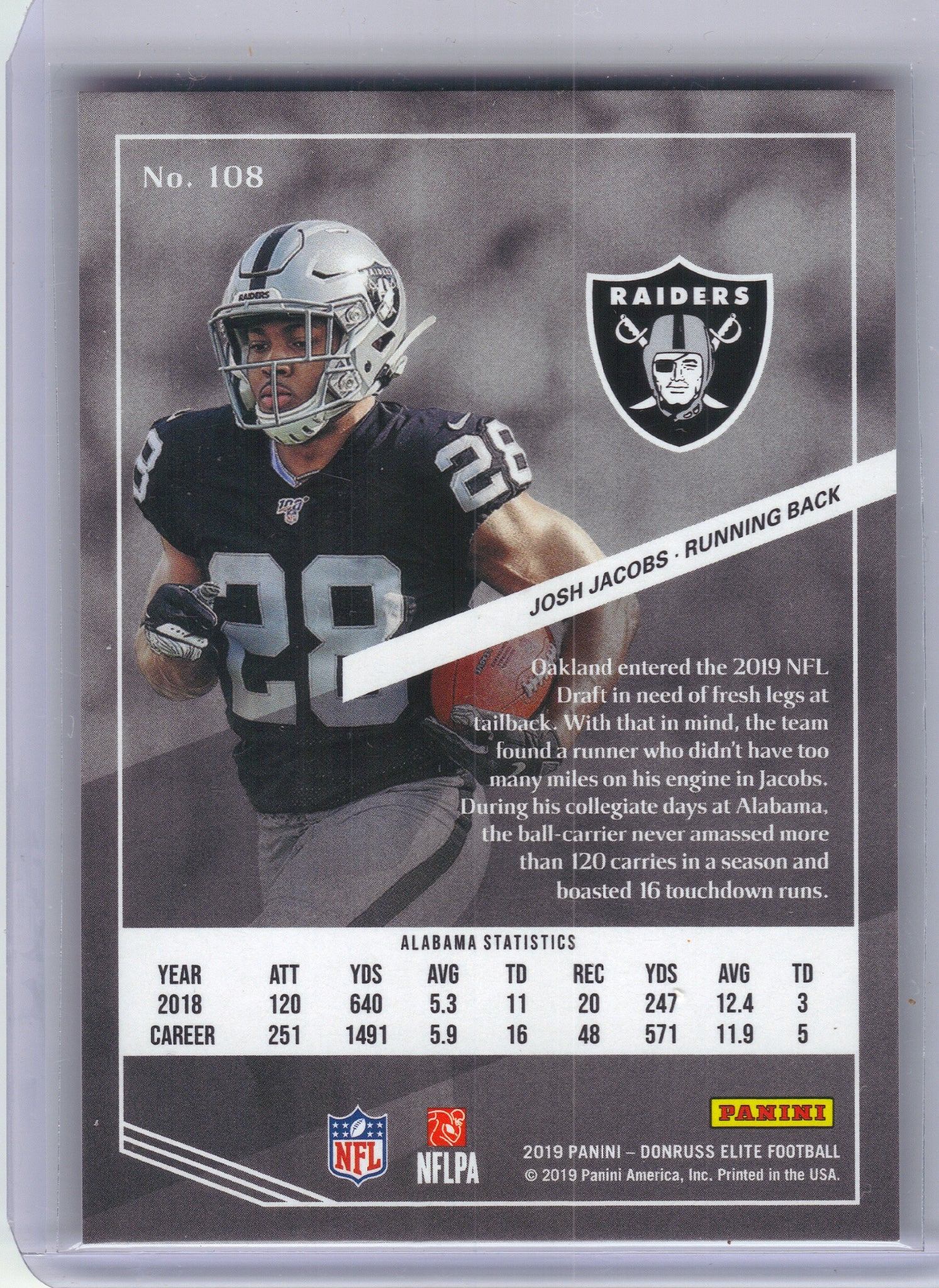 2019 Donruss Elite #108 Josh Jacobs Red #/299 Oakland Raiders SN, Rookie