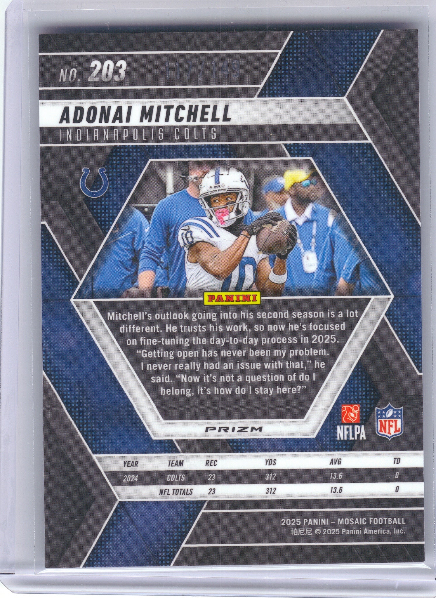 2025 Panini Mosaic #203 Adonai Mitchell Silver Knight #/149 Indianapolis Colts SN