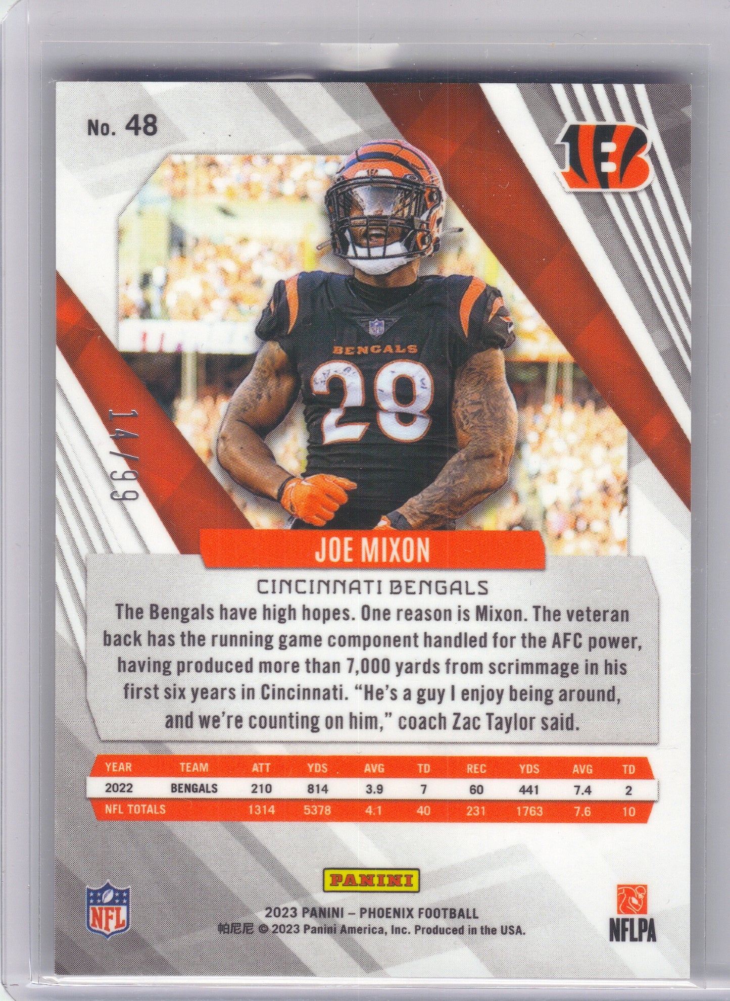 2023 Panini Phoenix #48 Joe Mixon Purple Color Match Cincinnati Bengals SN