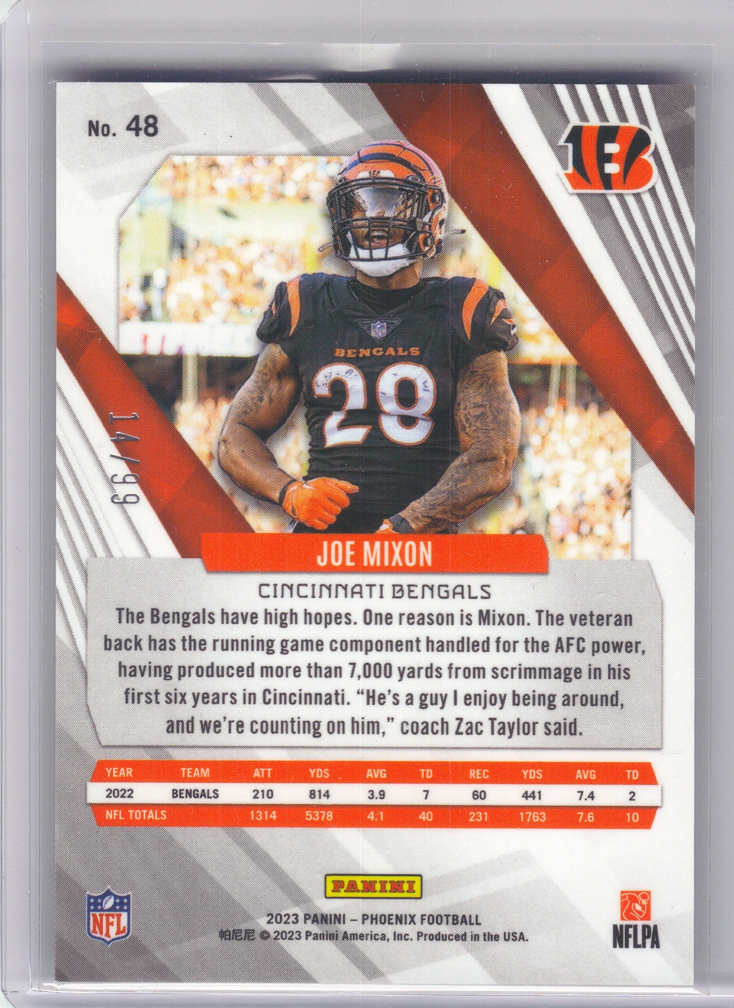 2023 Panini Phoenix #48 Joe Mixon Purple Color Match Cincinnati Bengals SN