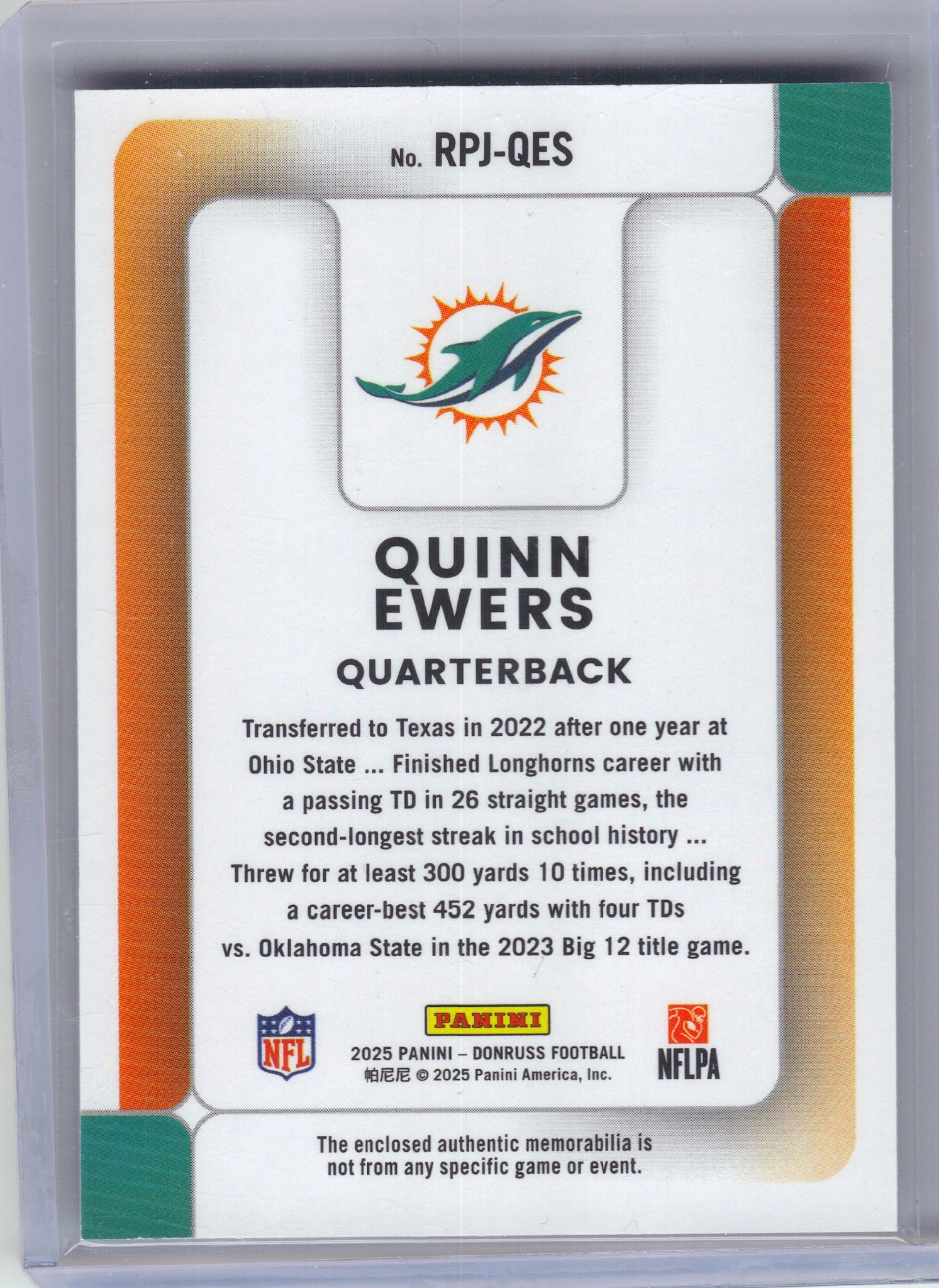 2025 Donruss #RPJ-QES Quinn Ewers Rookie Phenom Jerseys Miami Dolphins Memorabilia