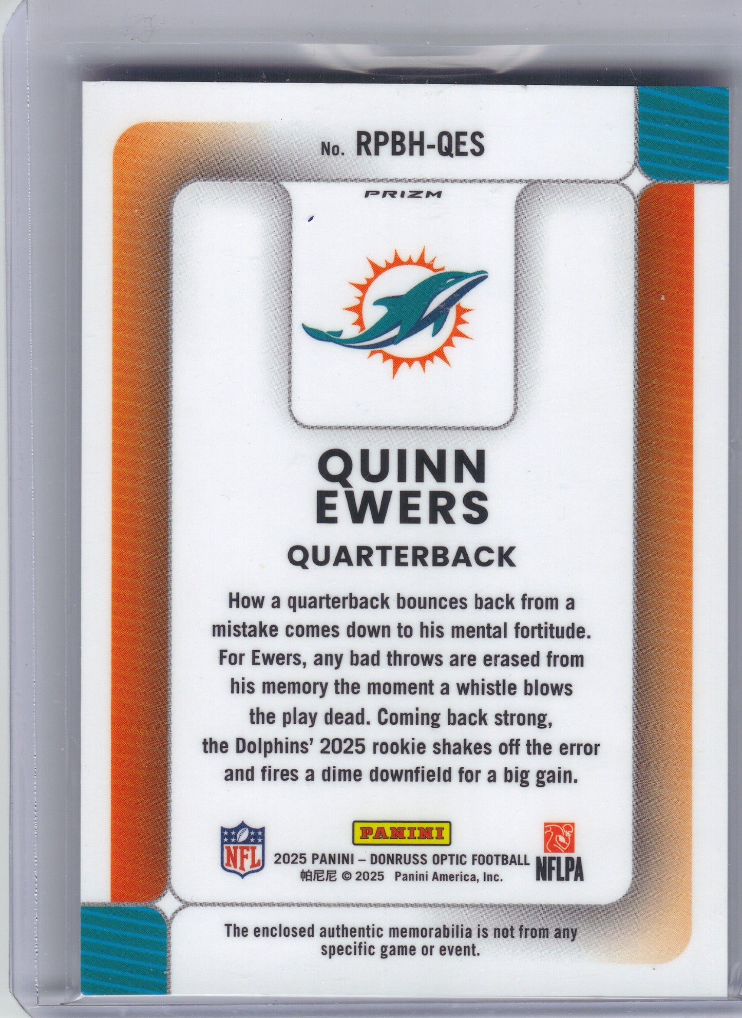 2025 Donruss Optic #RPBH-QES Quinn Ewers Rookie Phenoms Blue Hyper Miami Dolphins Memorabilia