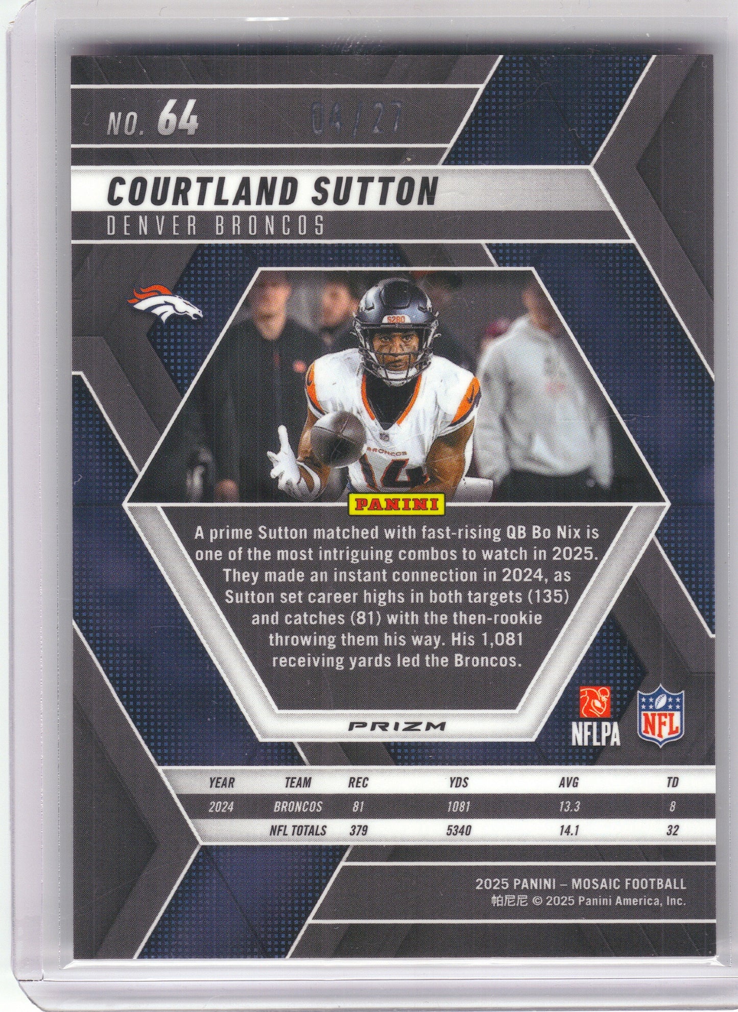 2025 Panini Mosaic #64 Courtland Sutton Mosaic Red Wave #/27 Denver Broncos SN
