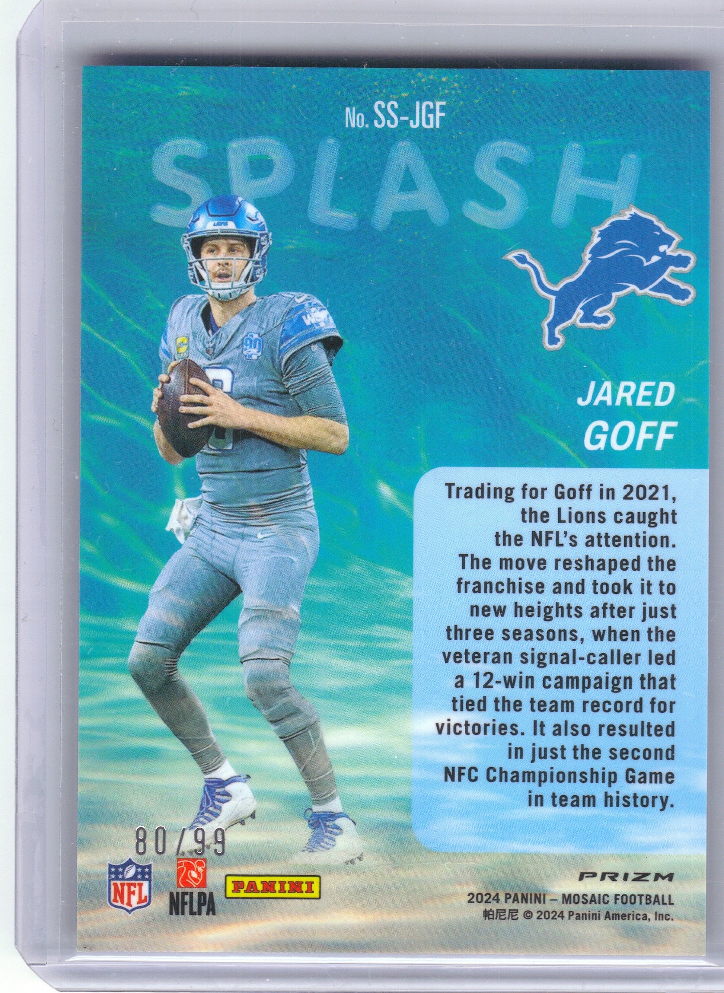 2024 Panini Mosaic #SS-JGF Jared Goff Splash Mosaic Blue #/99 Detroit Lions SN