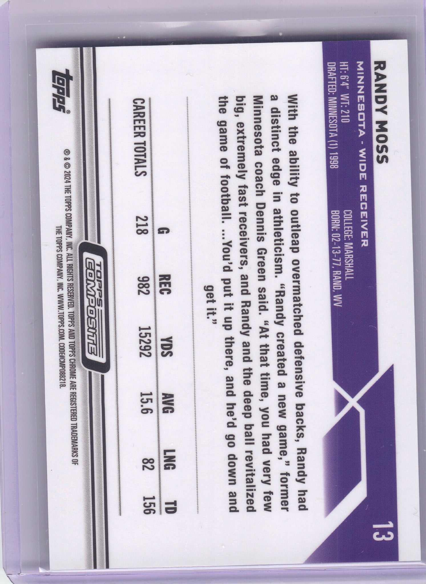 2023 Topps Composite #13 Randy Moss Topps Chrome Purple Refractor #/275 Minnesota Vikings SN