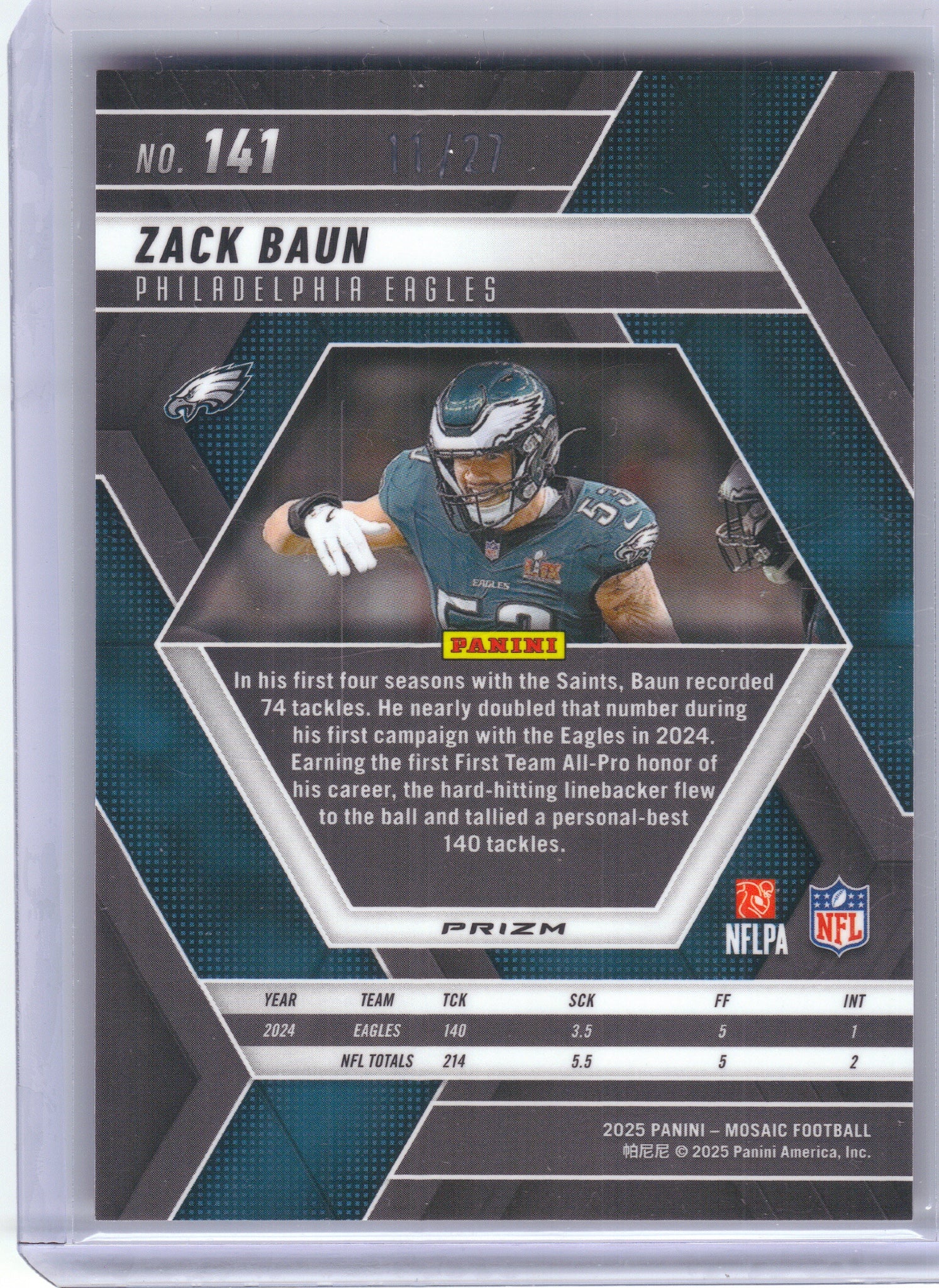 2025 Panini Mosaic #141 Zack Baun Mosaic Red Wave #/27 Philadelphia Eagles SN