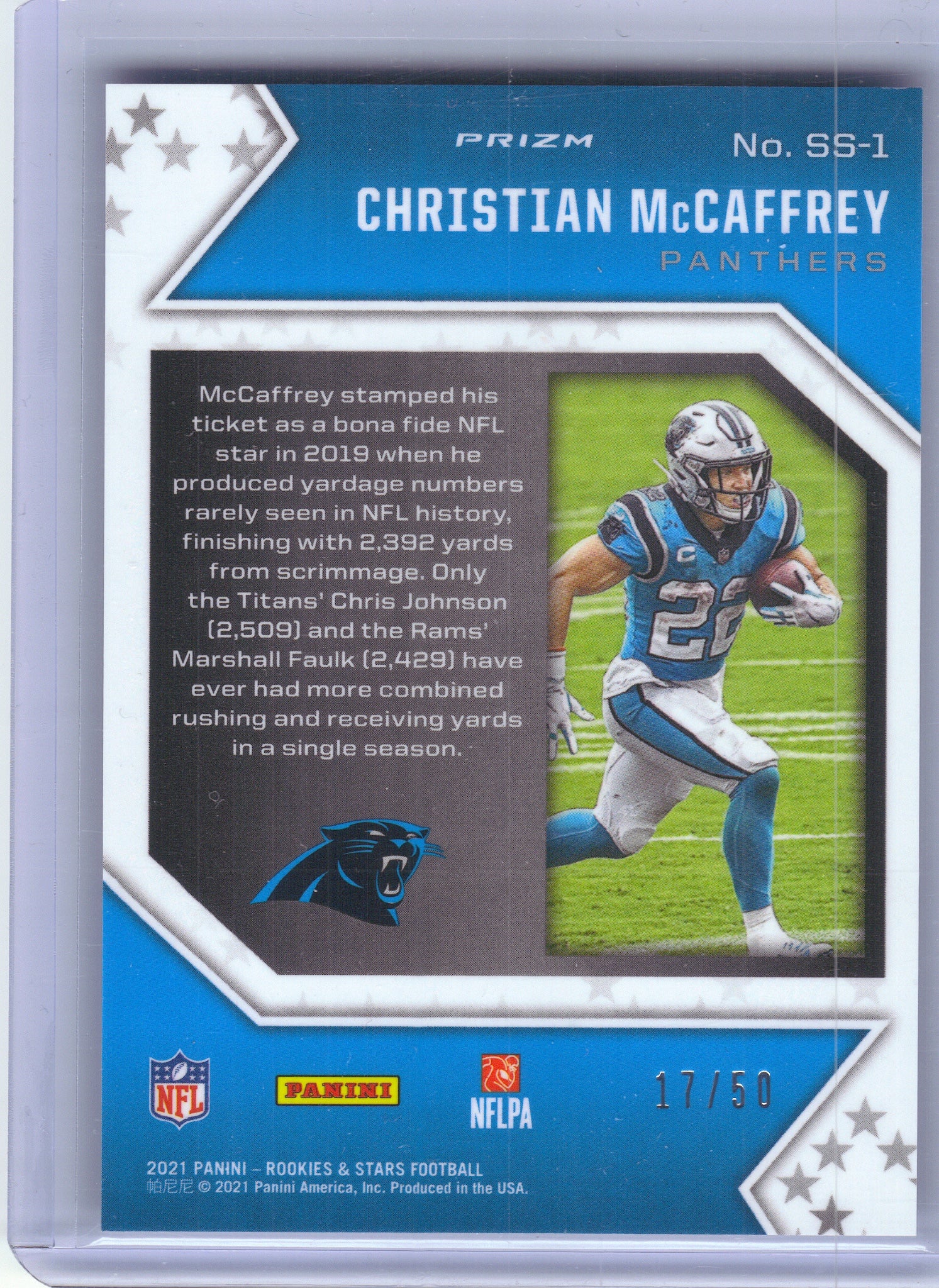 2021 Panini Rookies & Stars #SS-1 Christian McCaffrey Star Studded Blue #/50 Carolina Panthers SN