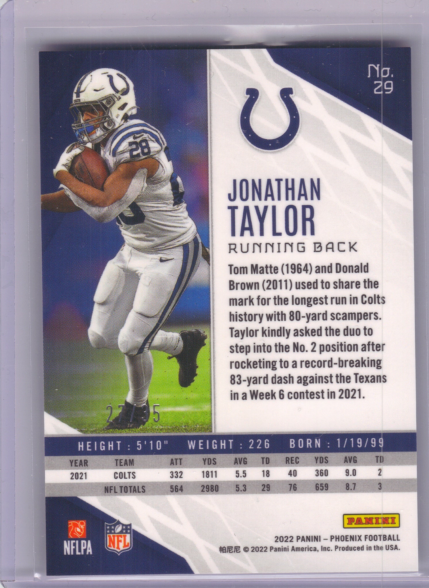 2022 Panini Phoenix #29 Jonathan Taylor Blue Color Match Indianapolis Colts SN