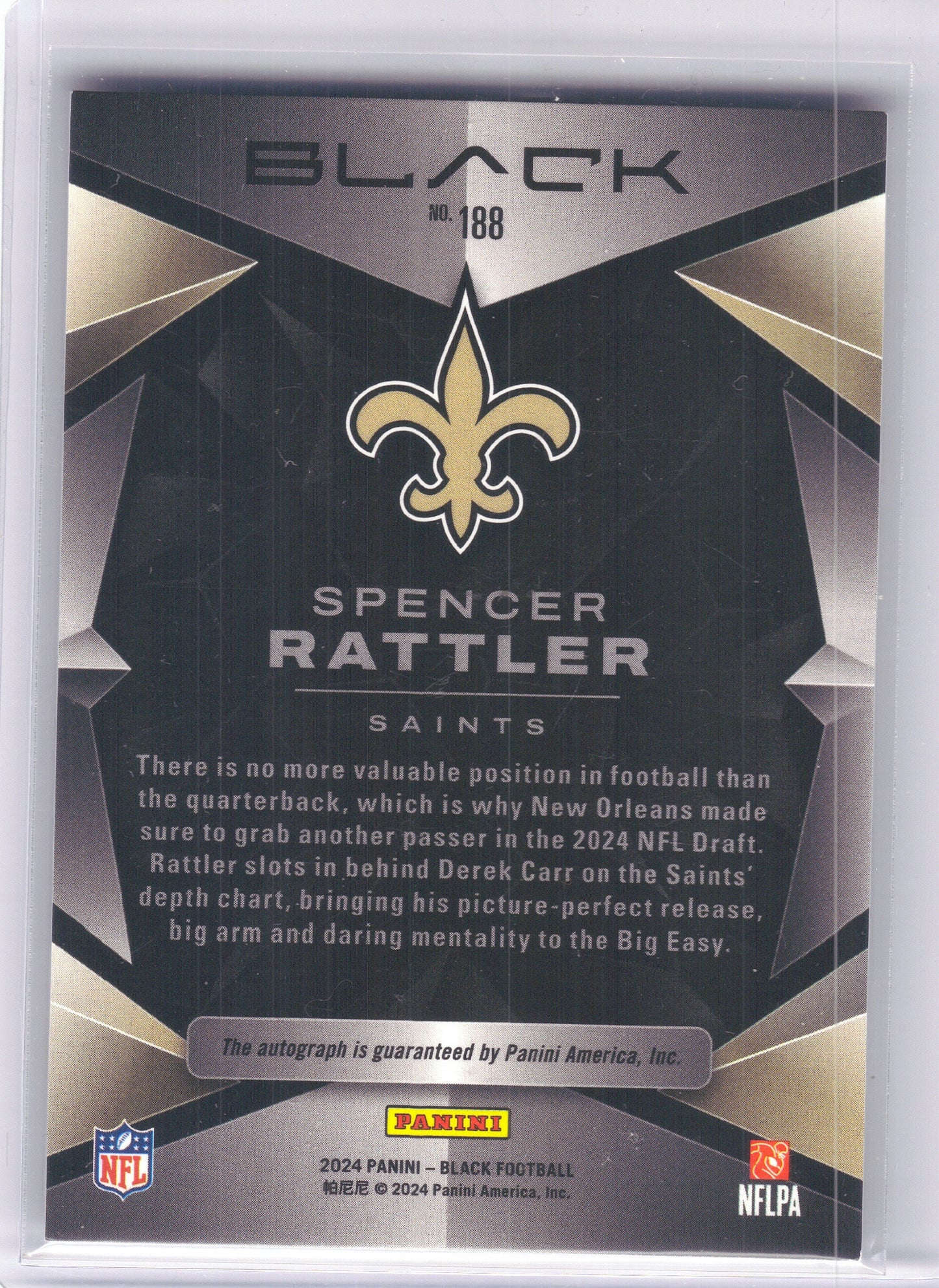 2024 Panini Black #188 Spencer Rattler Rookies Autographs #/199 New Orleans Saints SN, Rookie, Auto