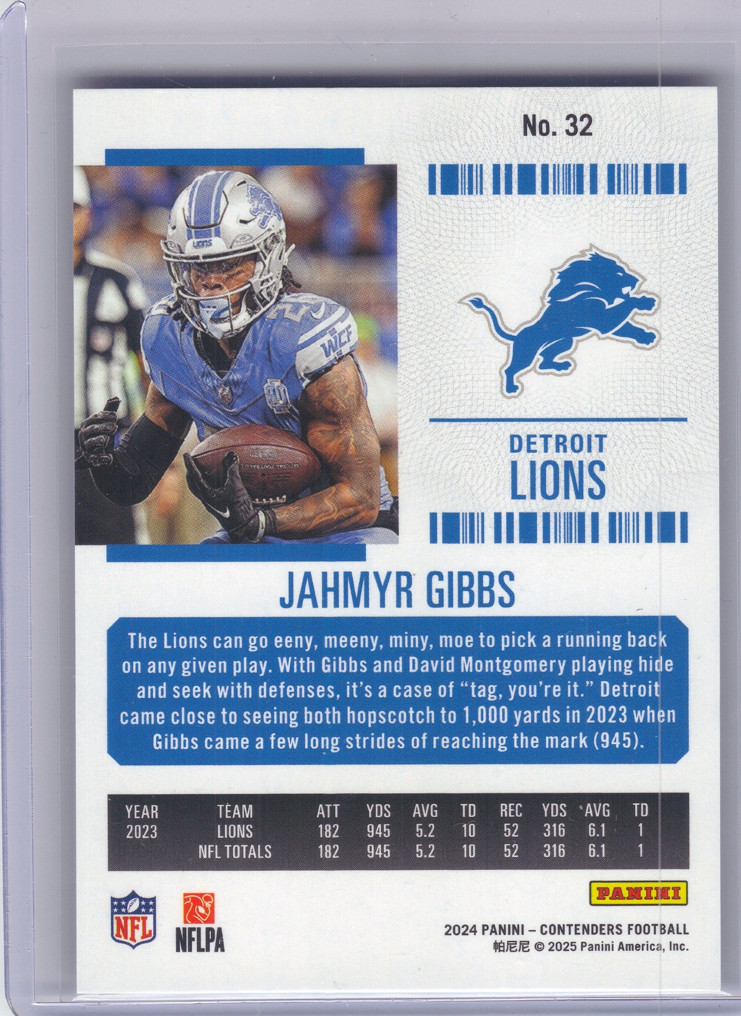 2024 Panini Contenders #32 Jahmyr Gibbs Playoff Ticket #/199 Detroit Lions SN