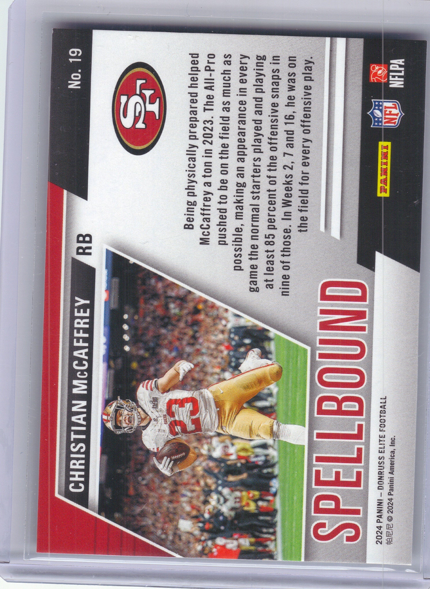 2024 Donruss Elite #19 Christian McCaffrey Spellbound #/349 San Francisco 49ers SN