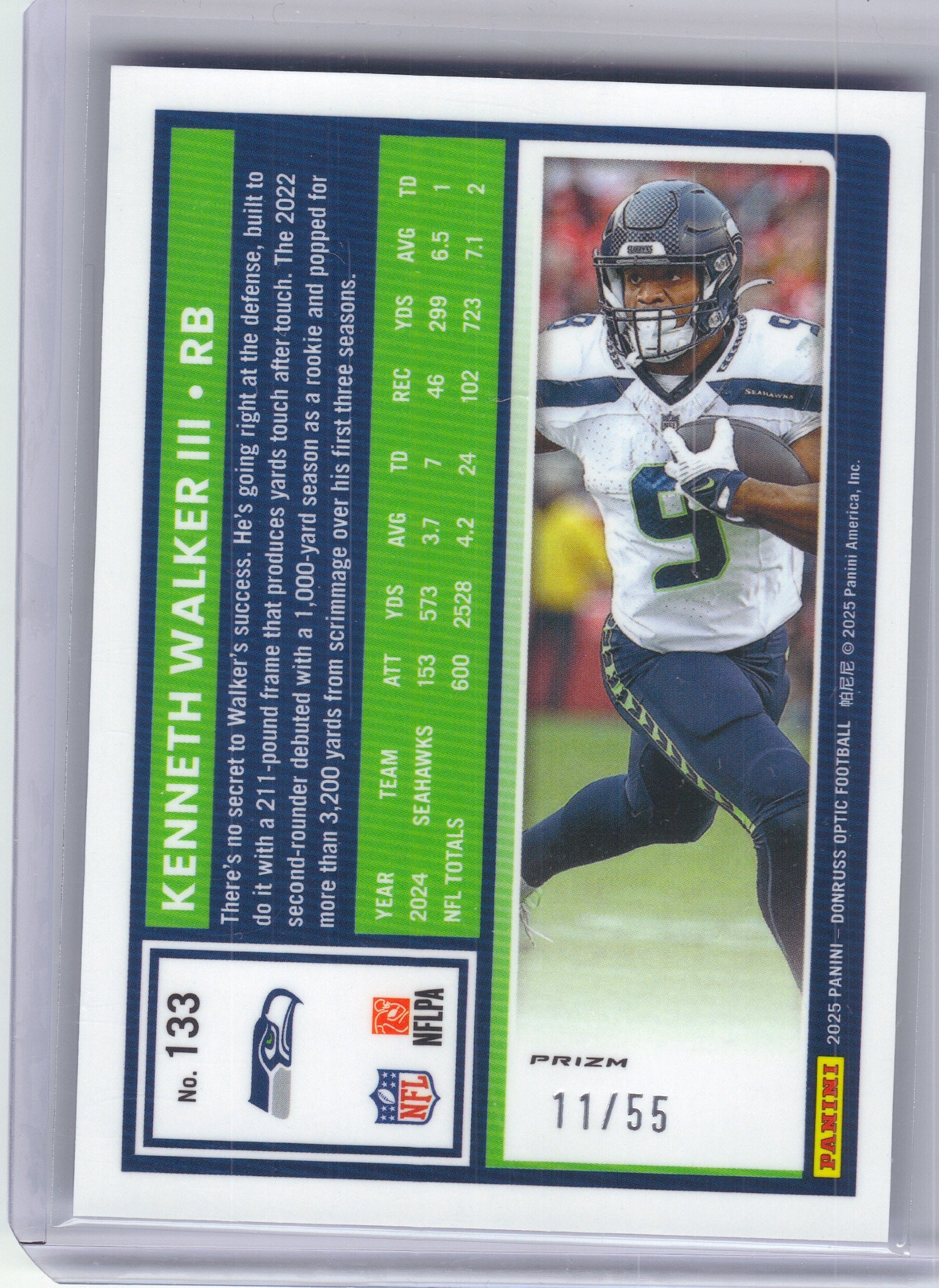 2025 Donruss Optic #133 Kenneth Walker III Blue Mojo #/55 Seattle Seahawks SN