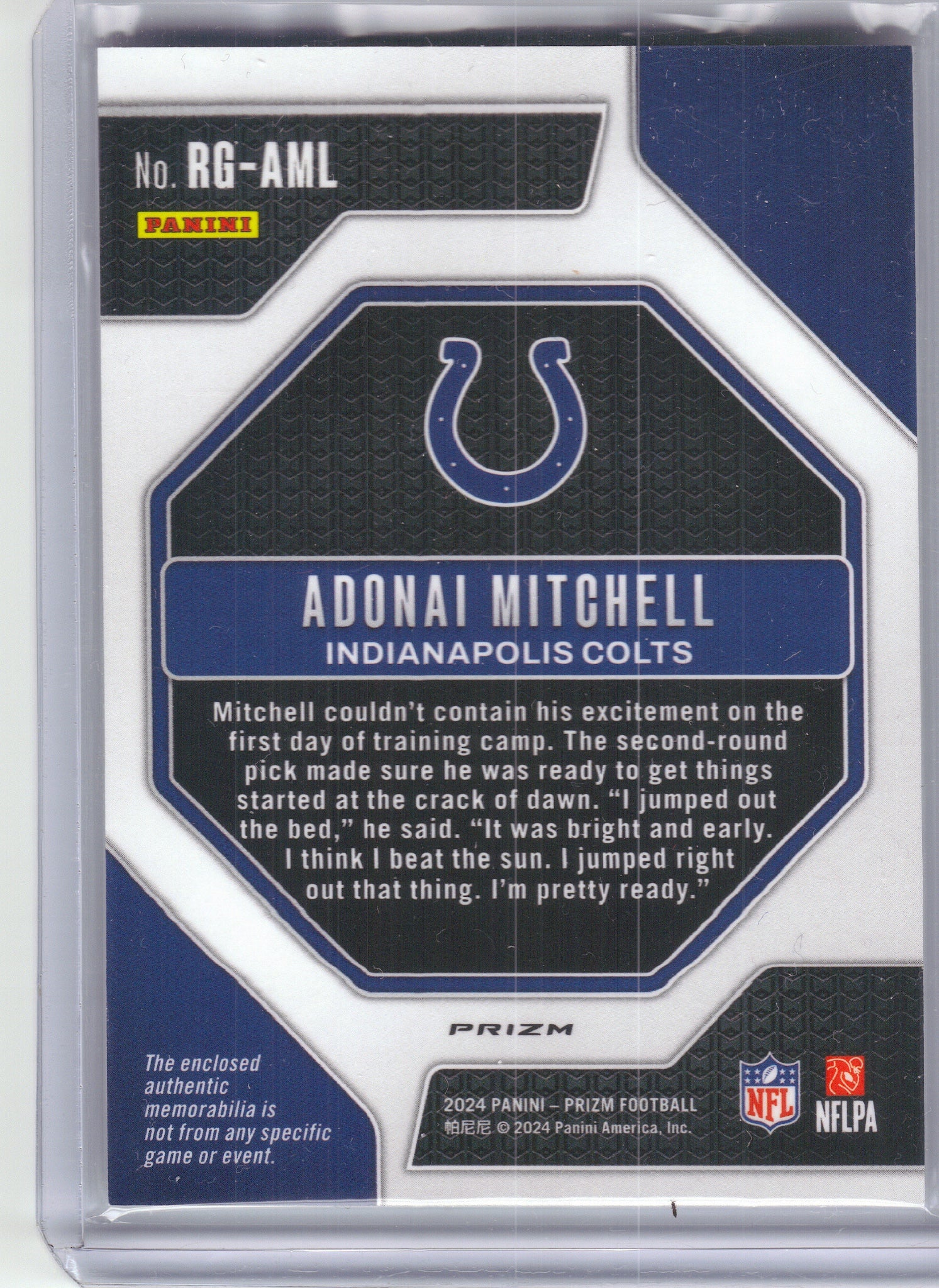 2024 Panini Prizm #RG-AML Adonai Mitchell Rookie Gear Neon Green Pulsar Indianapolis Colts Memorabilia