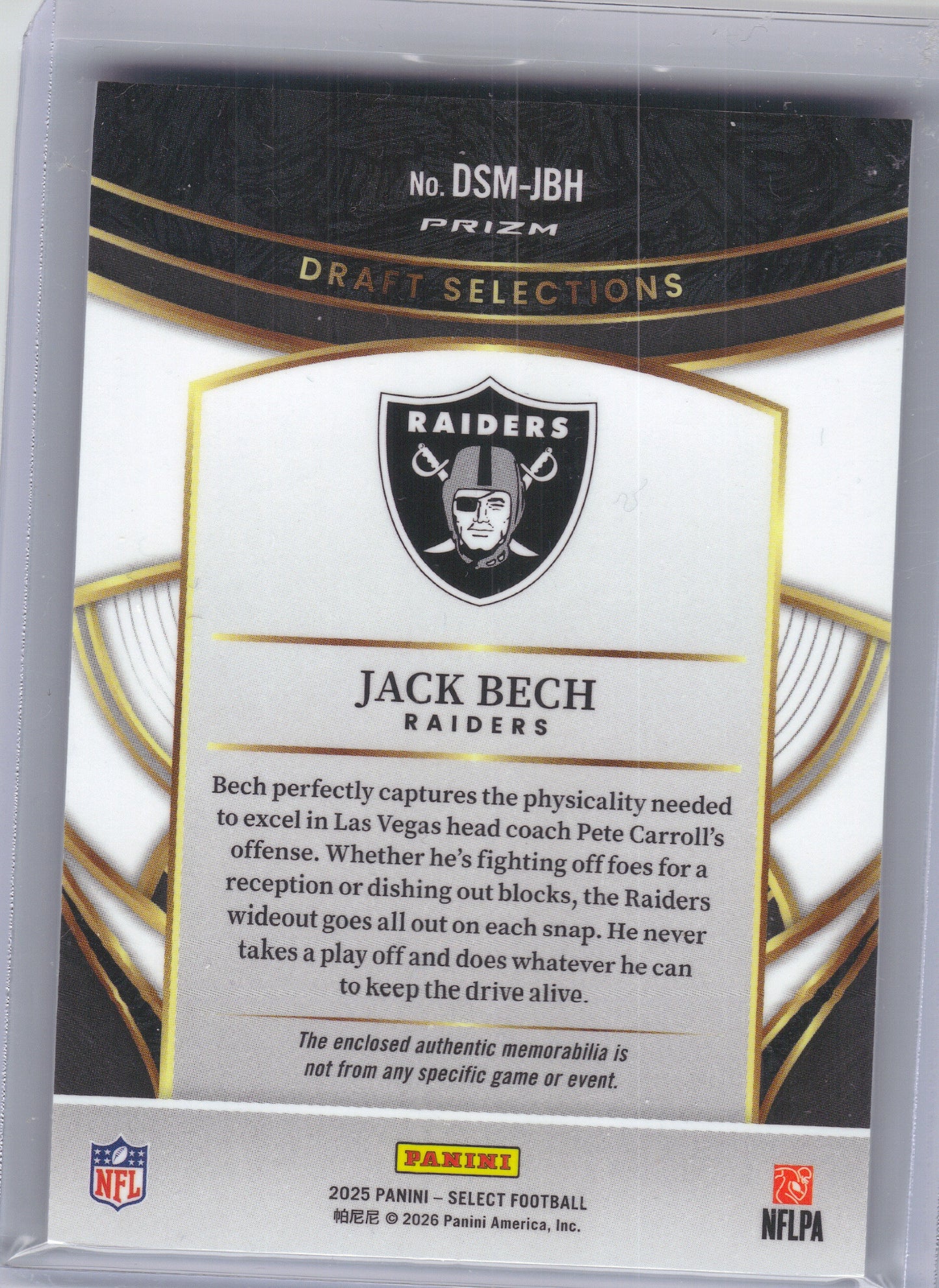 2025 Panini Select #DSM-JBH Jack Bech Draft Selections Memorabilia Blue Prizm Las Vegas Raiders Memorabilia