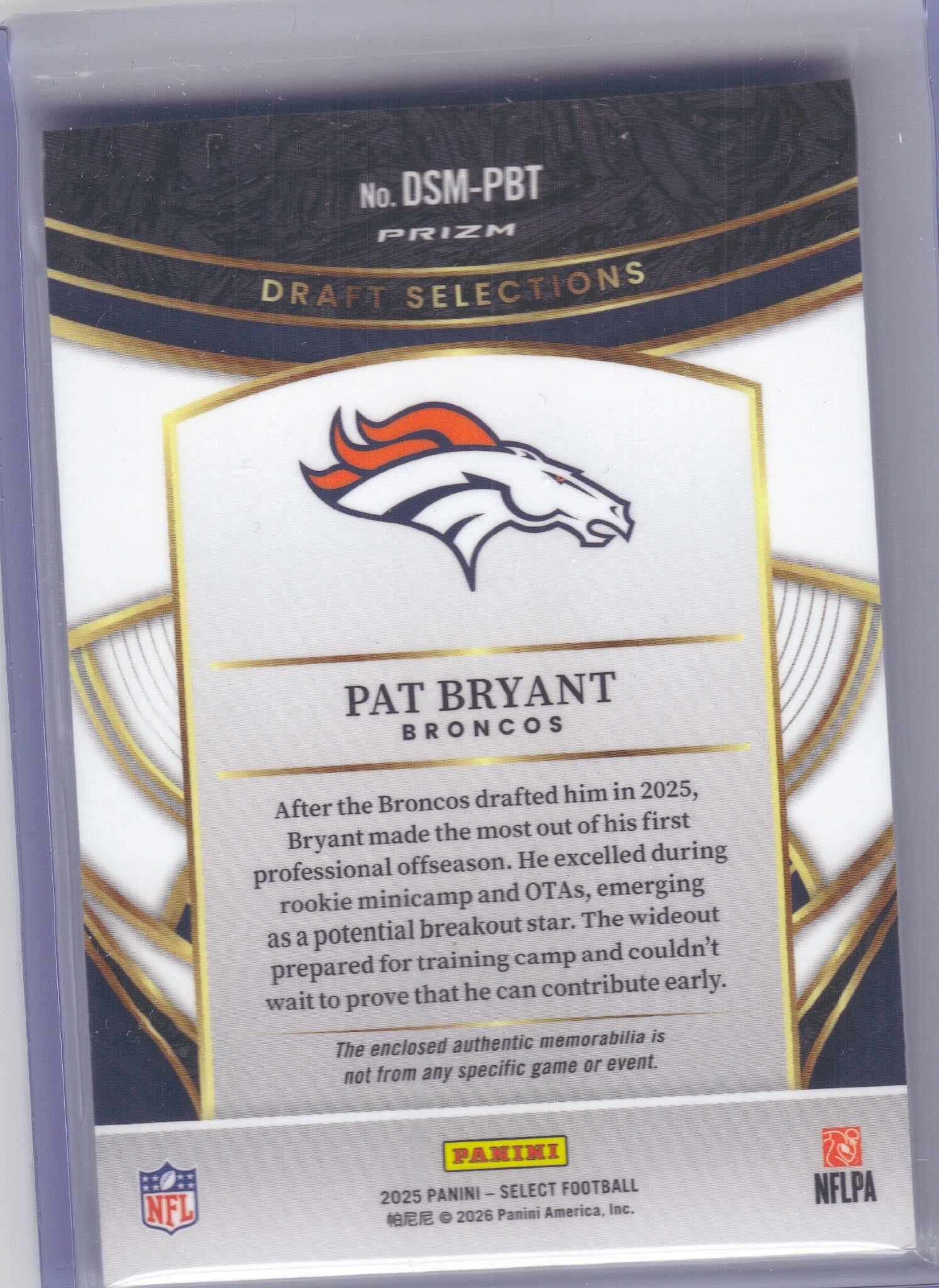 2025 Panini Select #DSM-PBT Pat Bryant Draft Selections Memorabilia Blue Prizm Denver Broncos Memorabilia