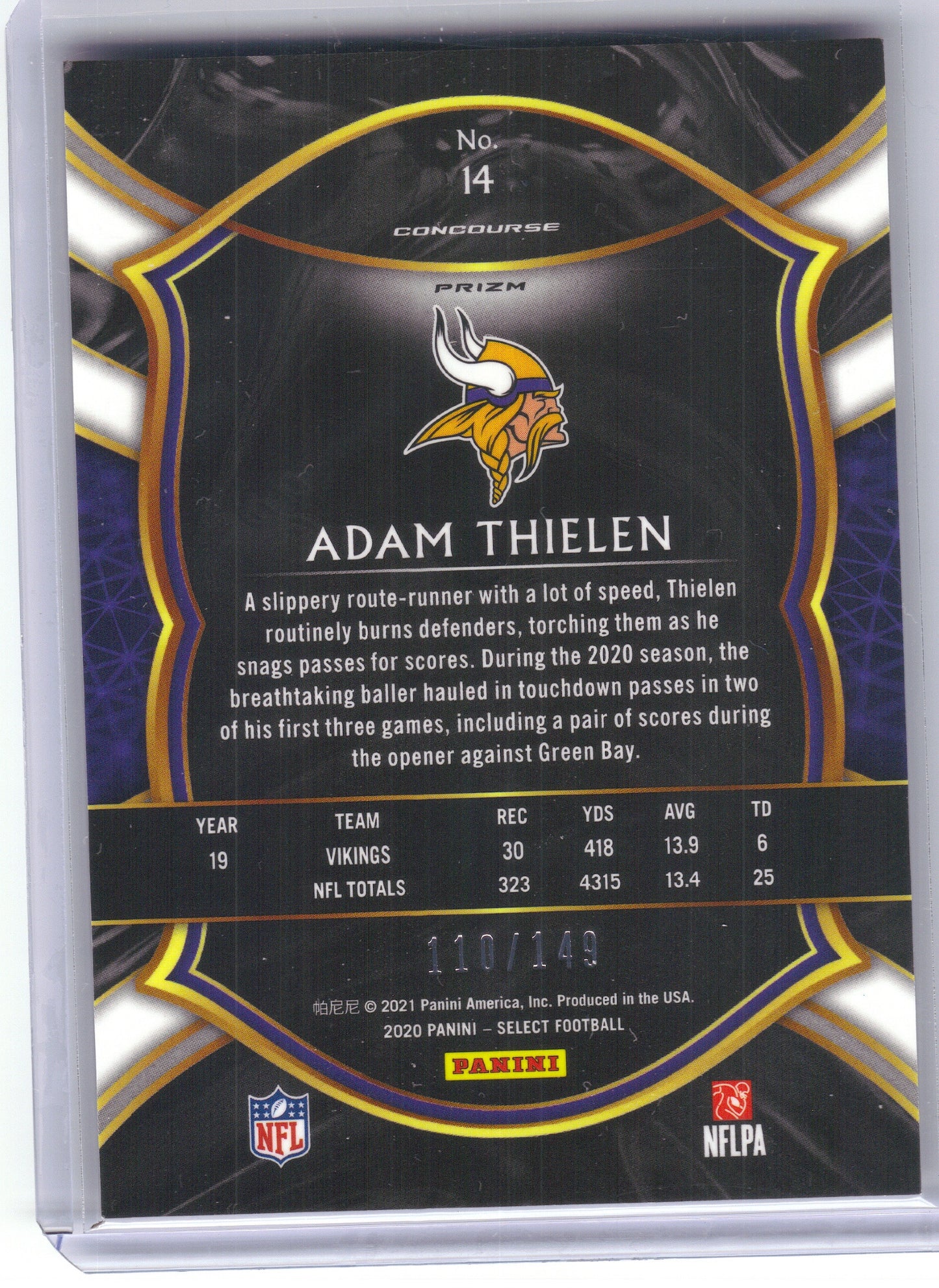 2020 Panini Select #14 Adam Thielen Maroon Prizm #/149 Minnesota Vikings SN