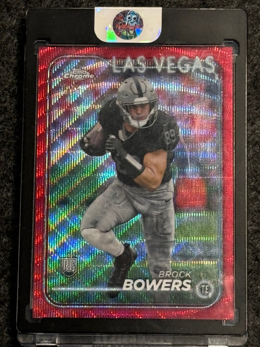 2024 Topps Chrome #207 Brock Bowers Red Wave Refractor #/5 Las Vegas Raiders SN, Rookie