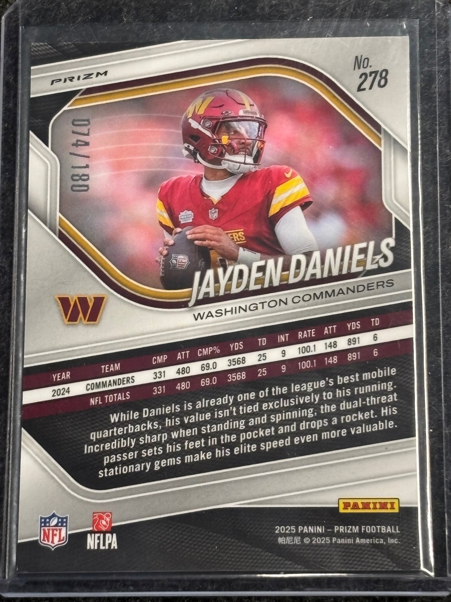 2025 Panini Prizm #278 Jayden Daniels Pigskin #/180 Washington Commanders SN