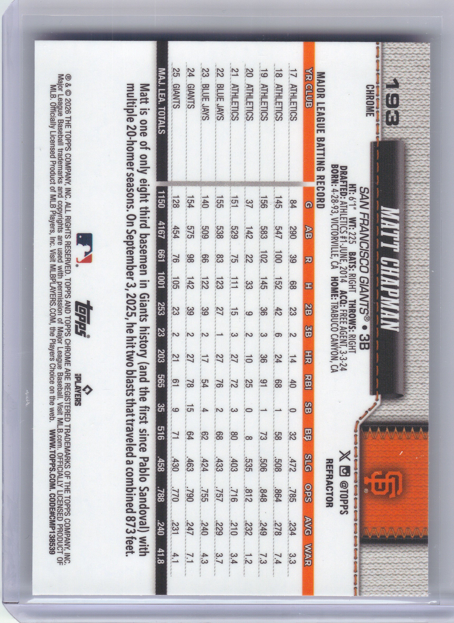 2026 Topps Chrome #193 Matt Chapman Refractors San Francisco Giants