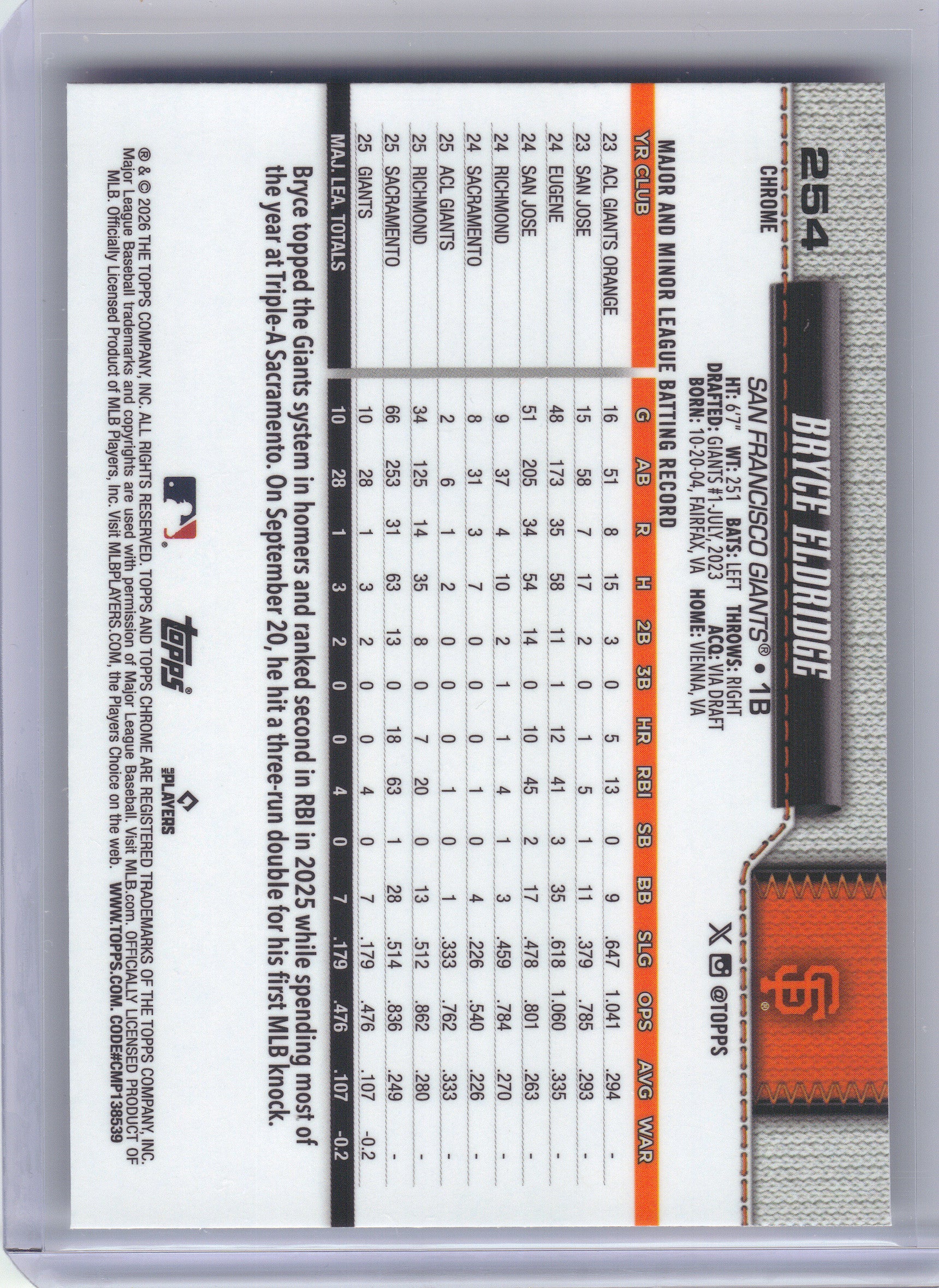 2026 Topps Chrome #254 Bryce Eldridge San Francisco Giants Rookie