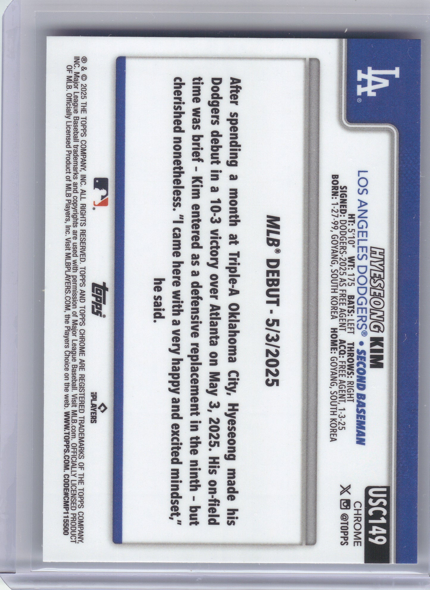 2025 Topps Chrome Update #USC149 Hyeseong Kim Los Angeles Dodgers