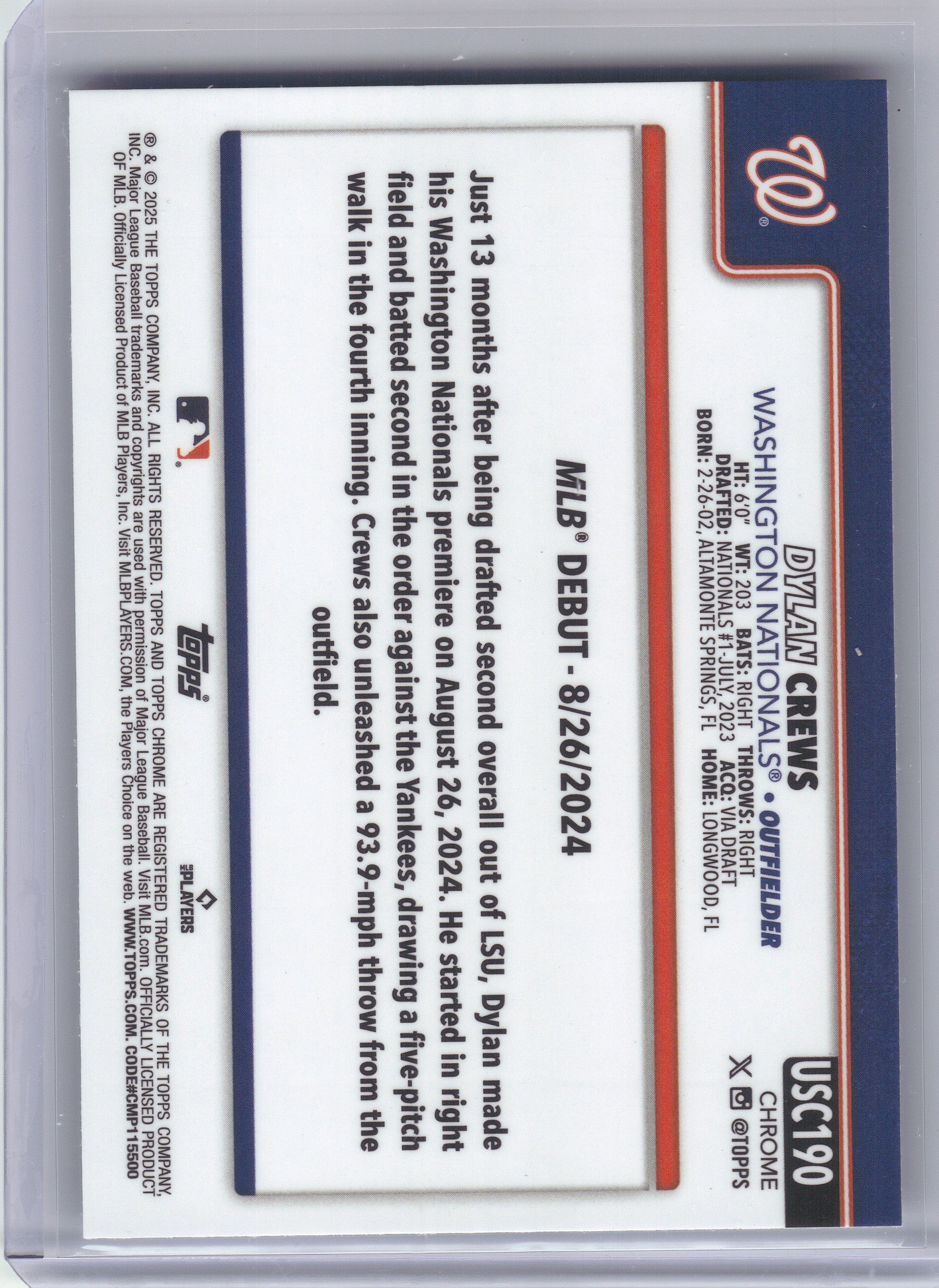 2025 Topps Chrome Update #USC190 Dylan Crews Washington Nationals